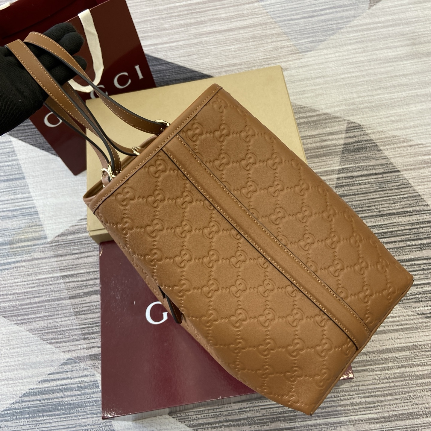 Gucci Emblem Embossed Leather Tote Bag, Brown, 38cm, Adjustable Handle 5 i1758184521862 7581 0 2