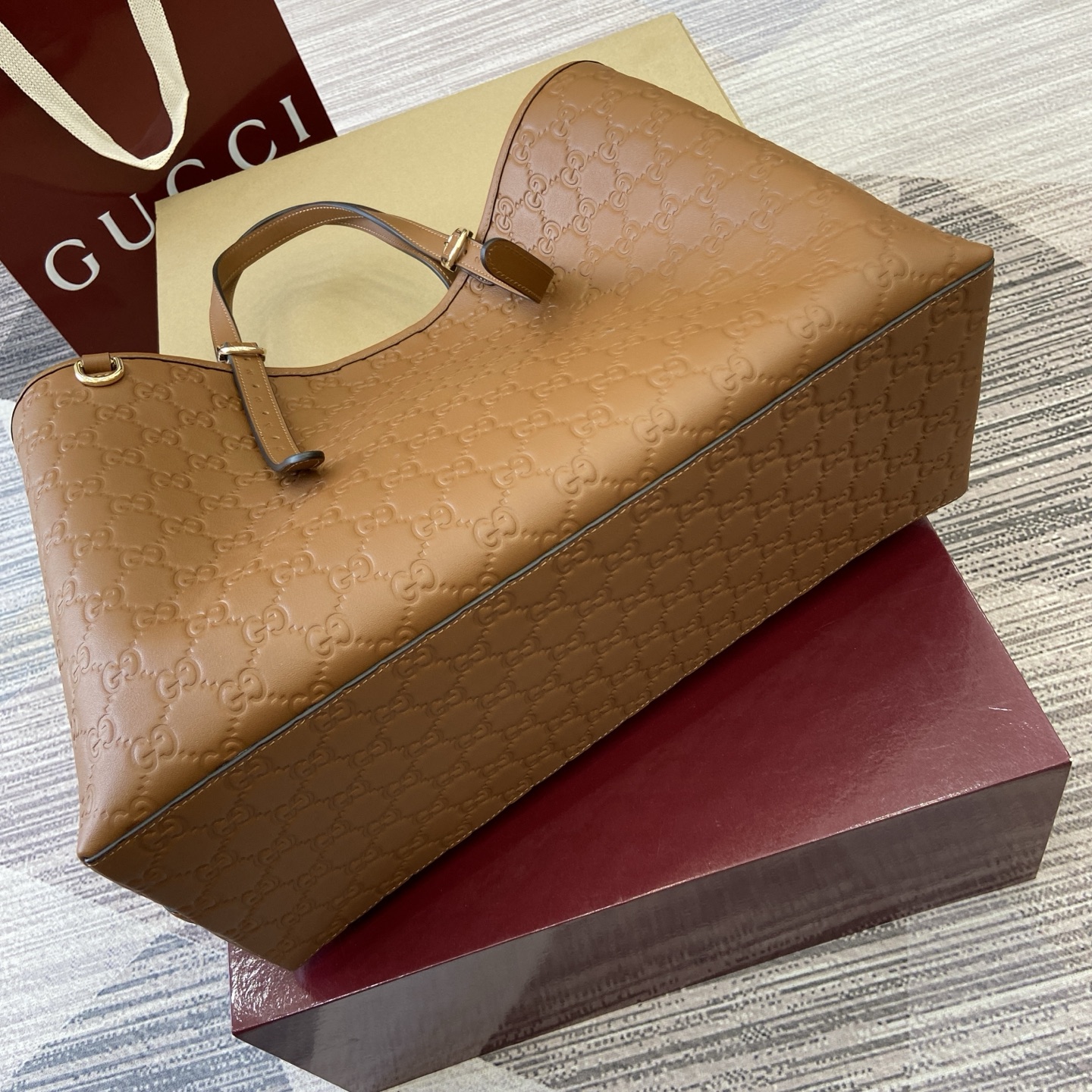 Gucci Emblem Embossed Leather Tote Bag, Brown, 38cm, Adjustable Handle 9 i1758184521866 4643 0 7