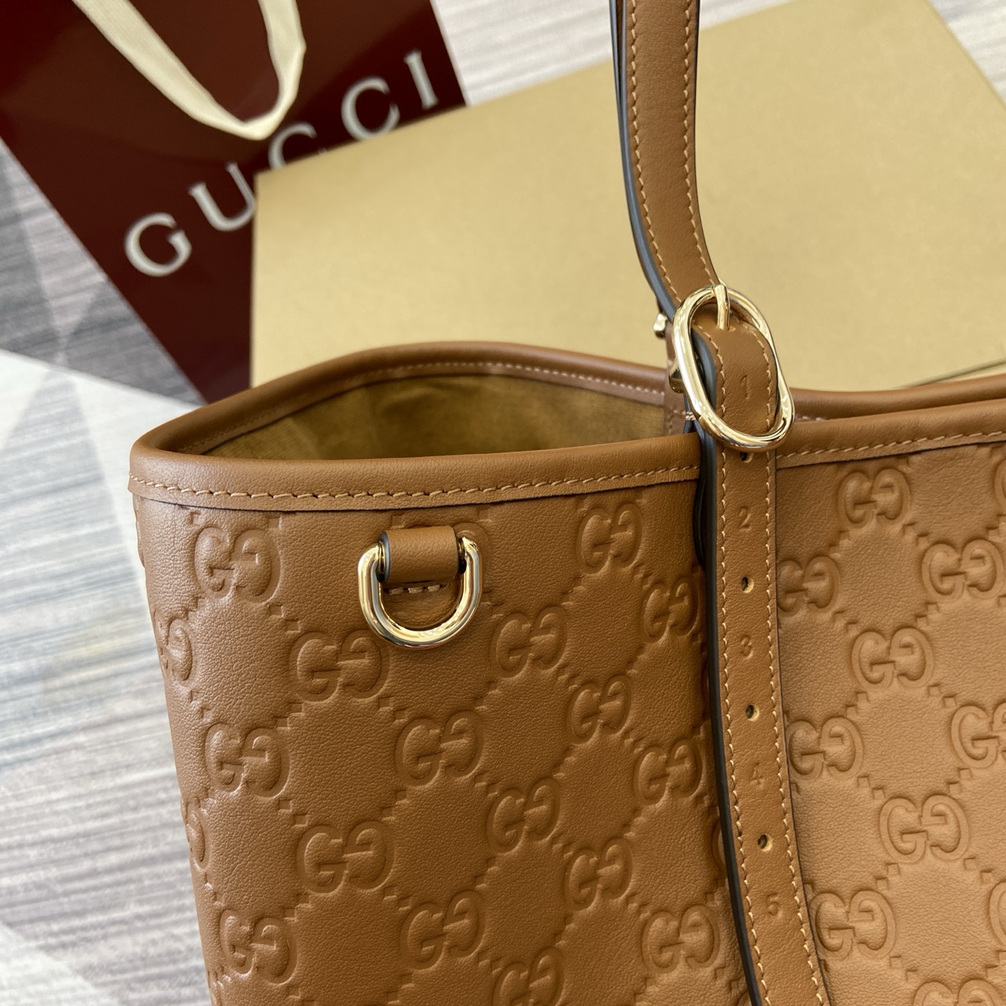 Gucci Emblem Embossed Leather Tote Bag, Brown, 38cm, Adjustable Handle 7 i1758184521874 6374 0 5
