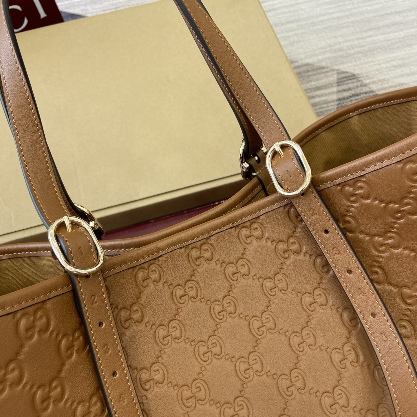 Gucci Emblem Embossed Leather Tote Bag, Brown, 38cm, Adjustable Handle 8 i1758184526054 450 0 6