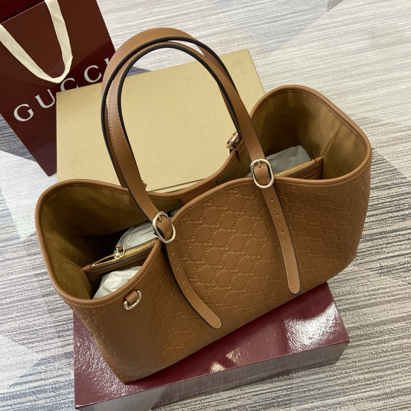 Gucci Emblem Embossed Leather Tote Bag, Brown, 38cm, Adjustable Handle 6 i1758184526120 697 0 3