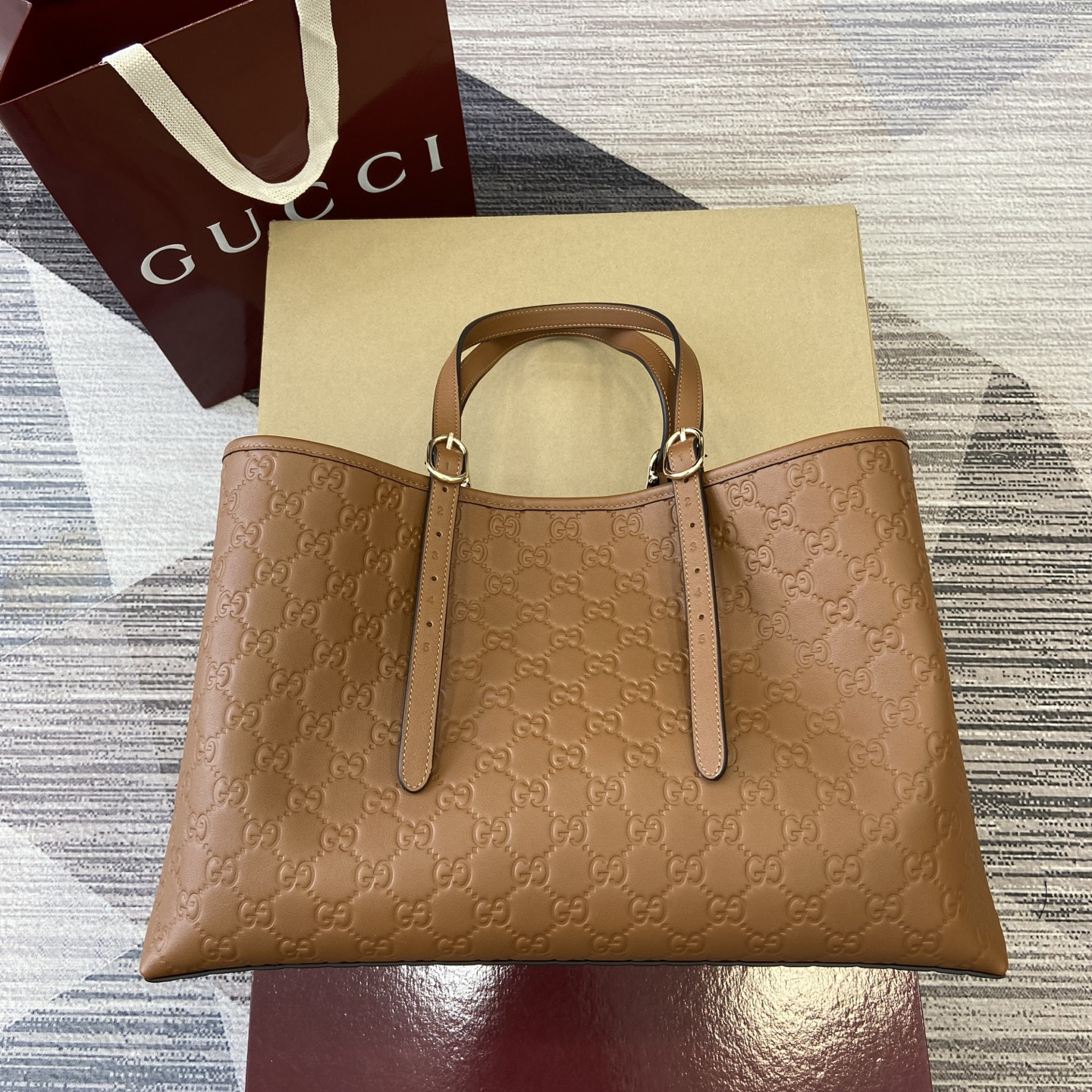 Gucci Emblem Embossed Leather Tote Bag, Brown, 38cm, Adjustable Handle 4 i1758184526146 2482 0 1