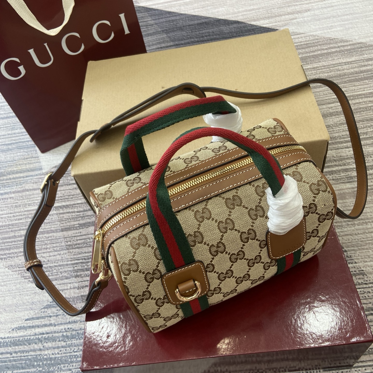 Gucci Mini Duffle Bag Beige and Brown GG Canvas with Web Stripe Detail 5 i1758362495271 837 0 3