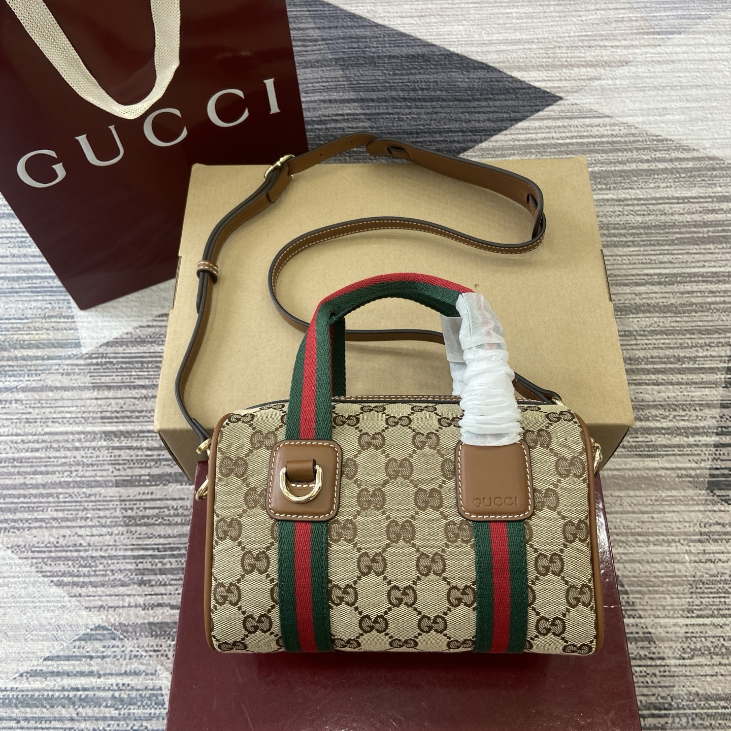 Gucci Mini Duffle Bag Beige and Brown GG Canvas with Web Stripe Detail 2 i1758362495373 7006 0 0