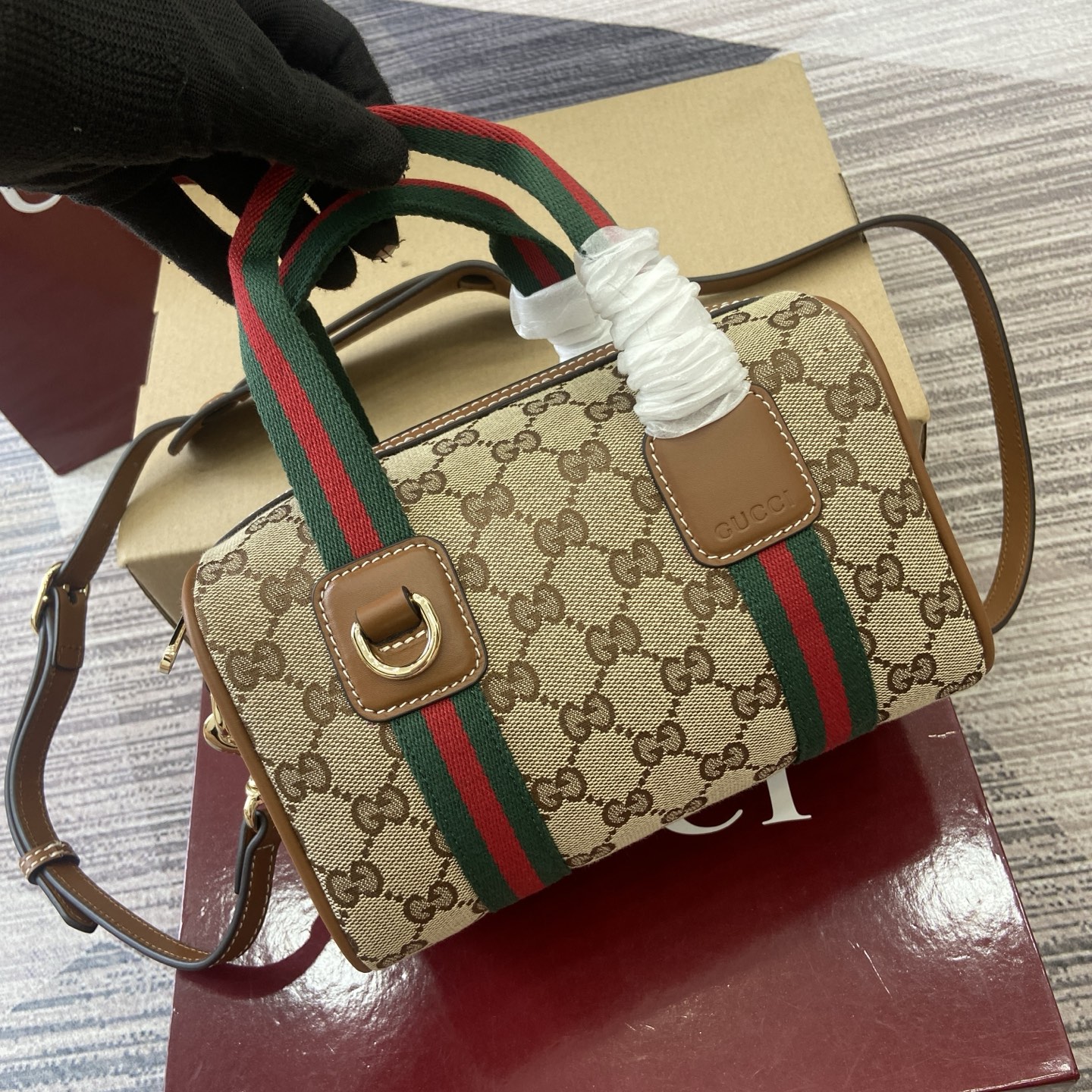 Gucci Mini Duffle Bag Beige and Brown GG Canvas with Web Stripe Detail