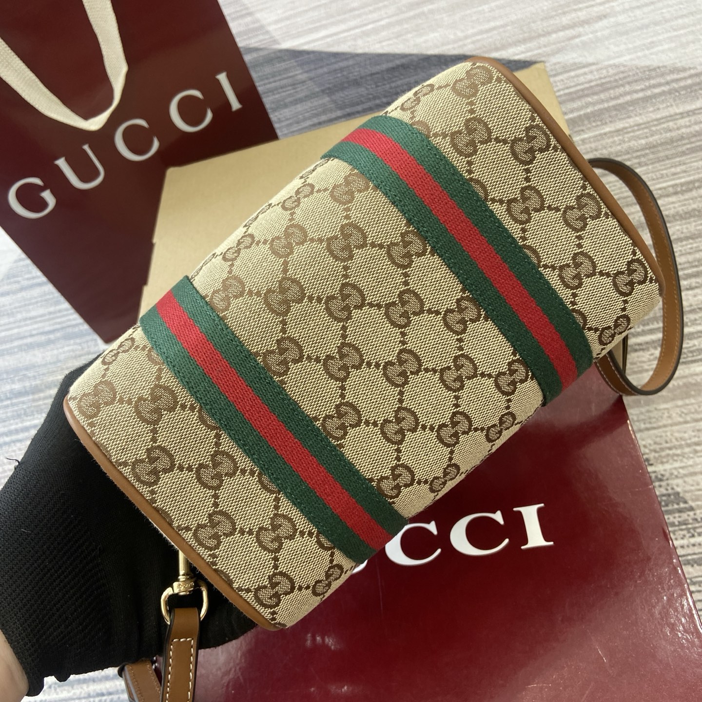 Gucci Mini Duffle Bag Beige and Brown GG Canvas with Web Stripe Detail 9 i1758362496986 913 0 8