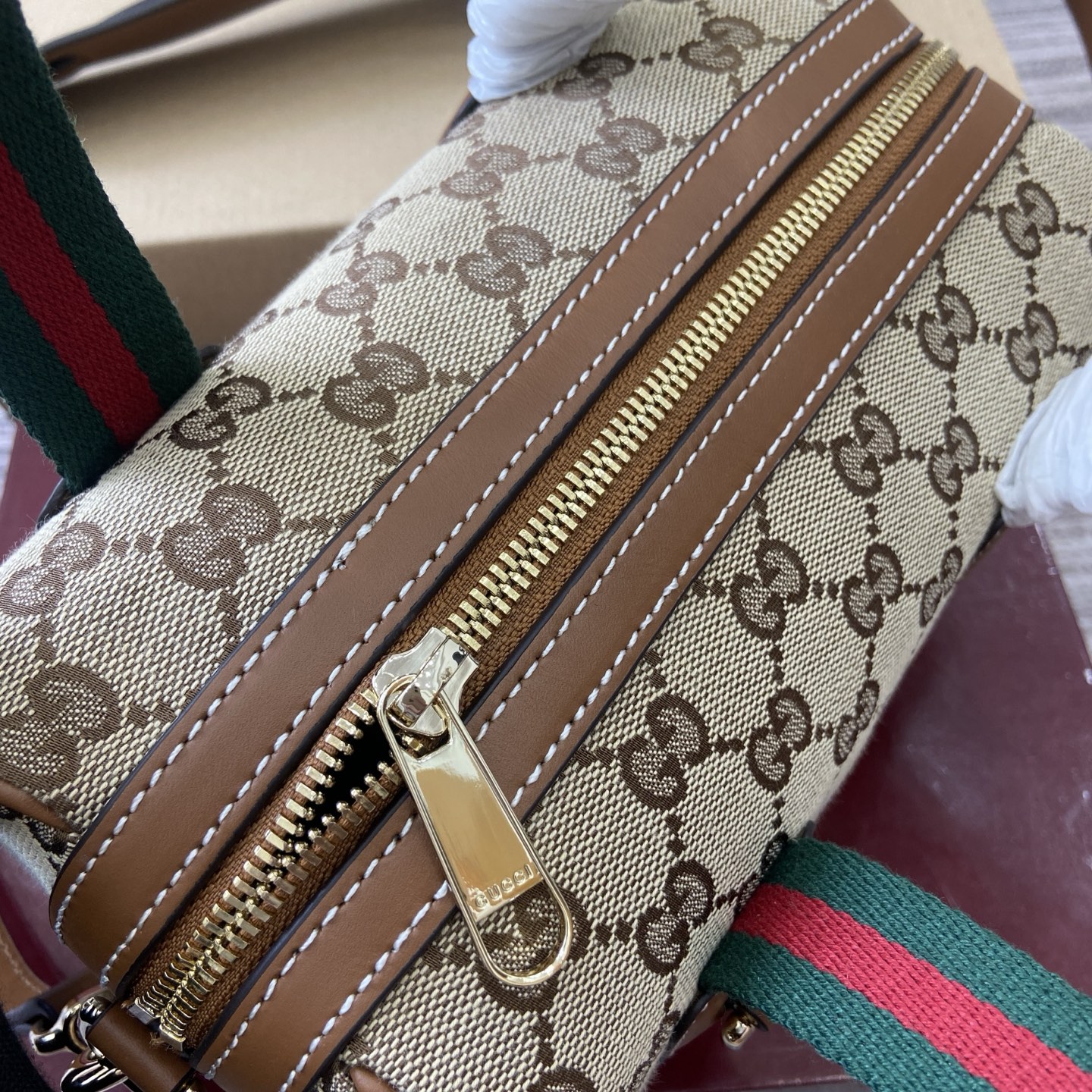 Gucci Mini Duffle Bag Beige and Brown GG Canvas with Web Stripe Detail 7 i1758362496991 155 0 6