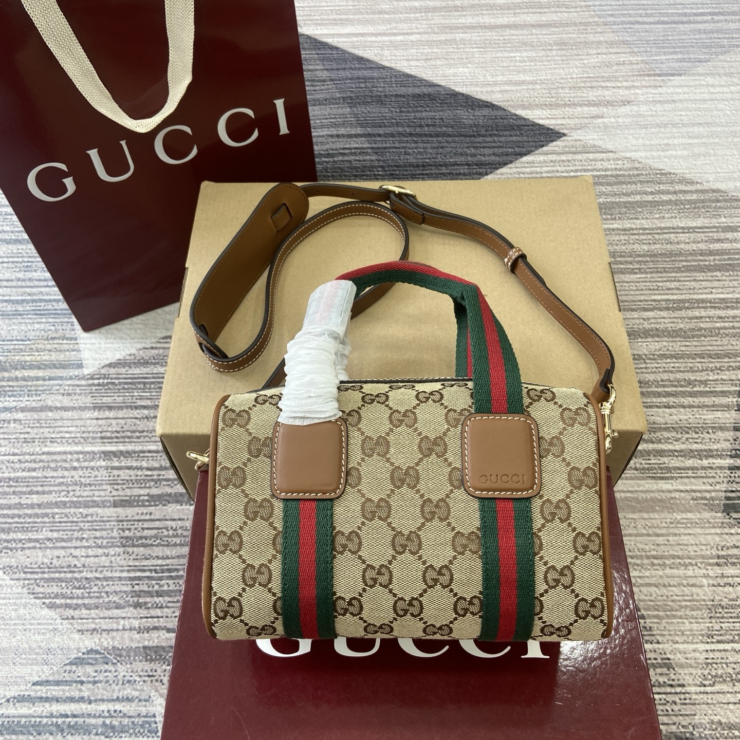 Gucci Mini Duffle Bag Beige and Brown GG Canvas with Web Stripe Detail 3 i1758362498856 171 0 1
