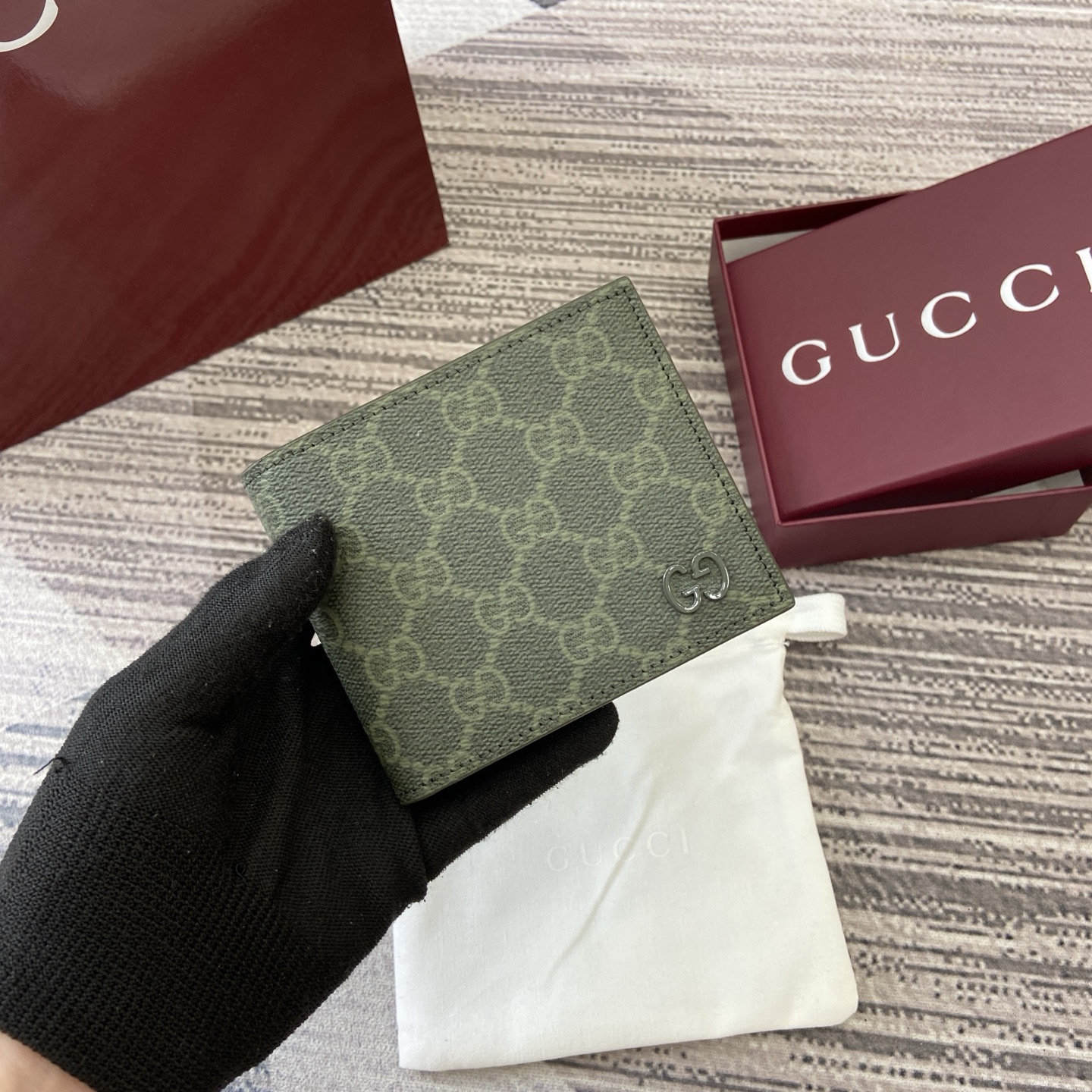 Gucci Supreme Canvas Bi-Fold Wallet with Green Leather Trim