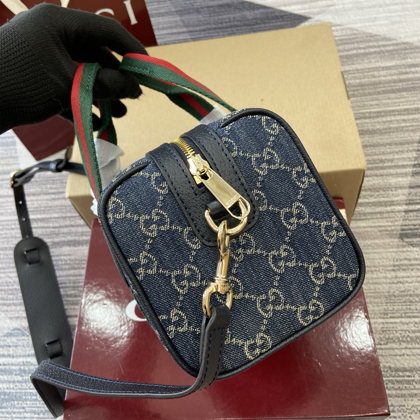 Gucci Mini Handbag in Denim with Web Stripe and Detachable Strap 6 i1758363044995 8044 0 3