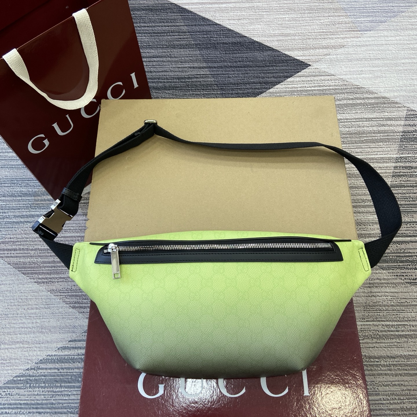 Gucci Monogram Belt Bag with Gradient Green Print, Adjustable Strap