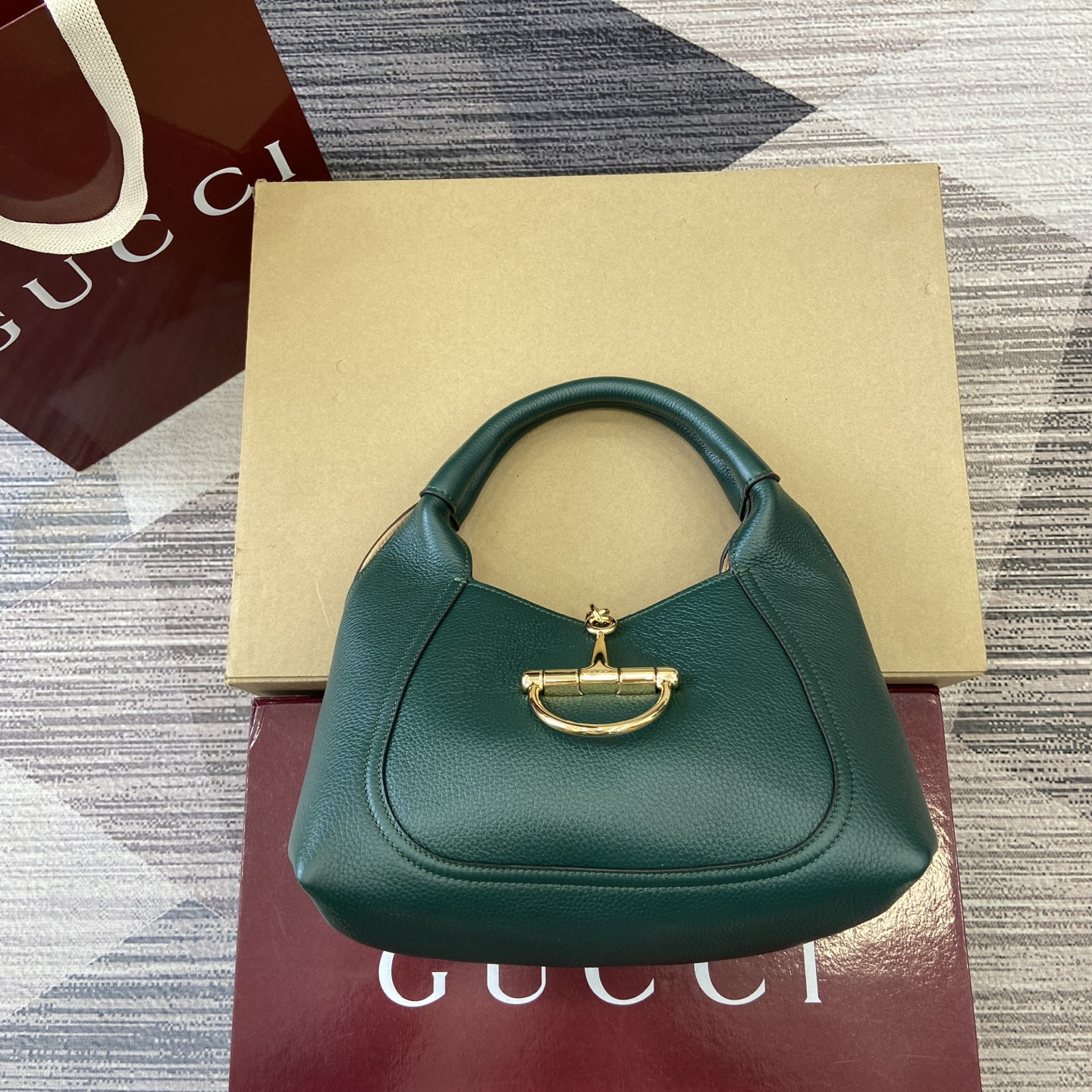 Gucci Softbit Green Leather Shoulder Bag with Half Horsebit Clasp