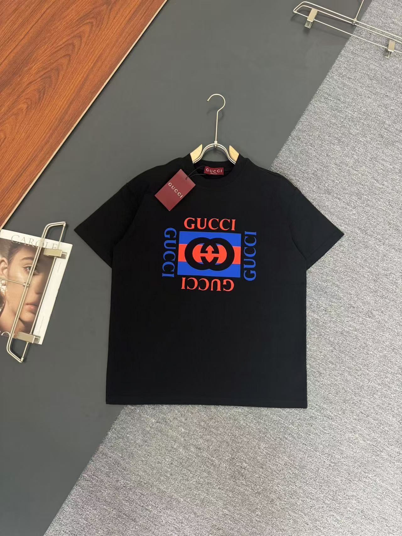 GUCCI* Gucci* Camiseta de manga corta de cuello redondo de moda para primavera/verano, tela de algodón puro de doble hi…