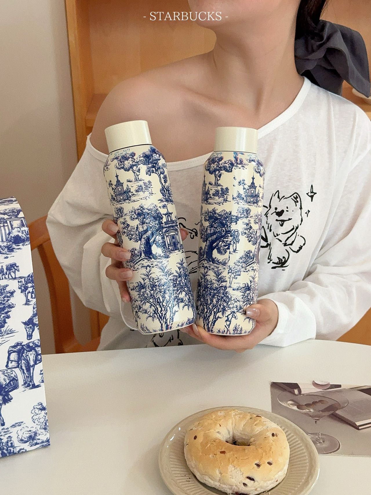 Starbucks 500ml Stainless Steel Water Bottle With Blue Floral Design