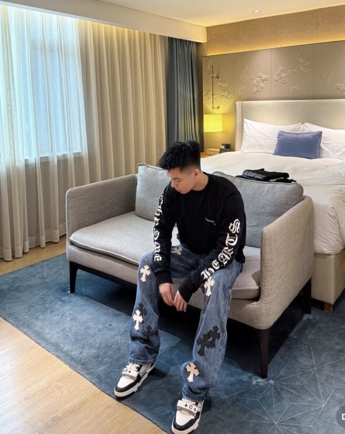 Chrome Hearts Washed Blue Black White Patchwork Straight Leg Jeans 1 Chrome Hearts Washed Blue Black White Patchwork Straight Leg Jeans
