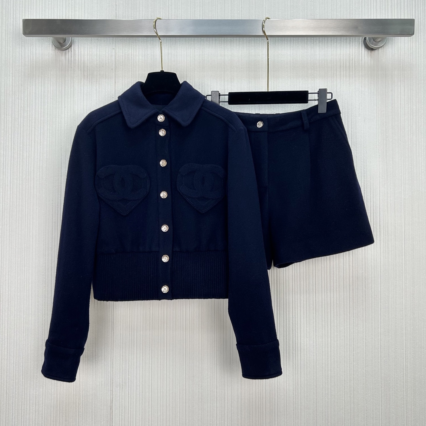 Elegant Wool Blend Jacket with Heart Pockets & CC Logo, Designer Inspired