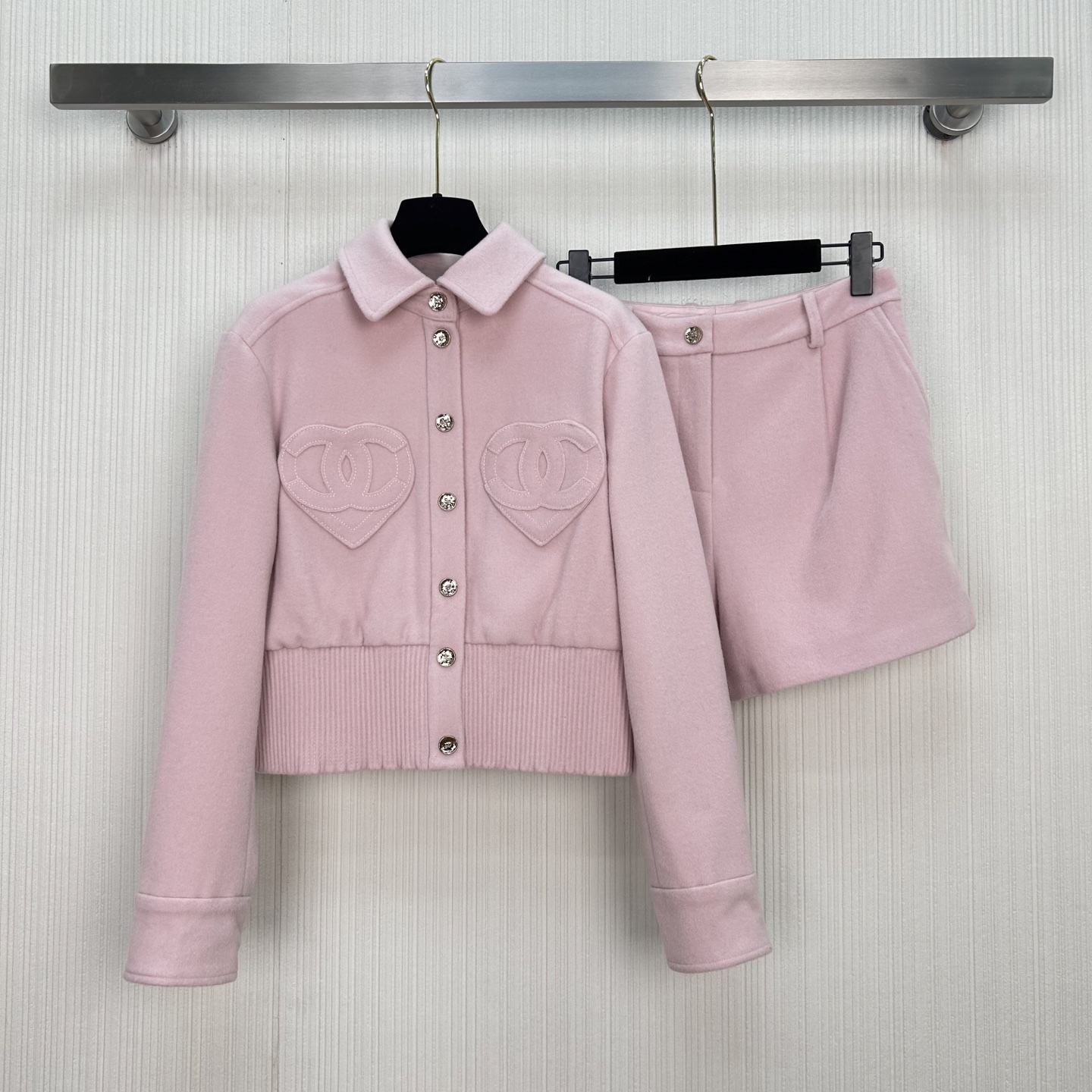 Elegant Wool Blend Jacket with Heart Pockets and Classic CC Logo - Chic Design