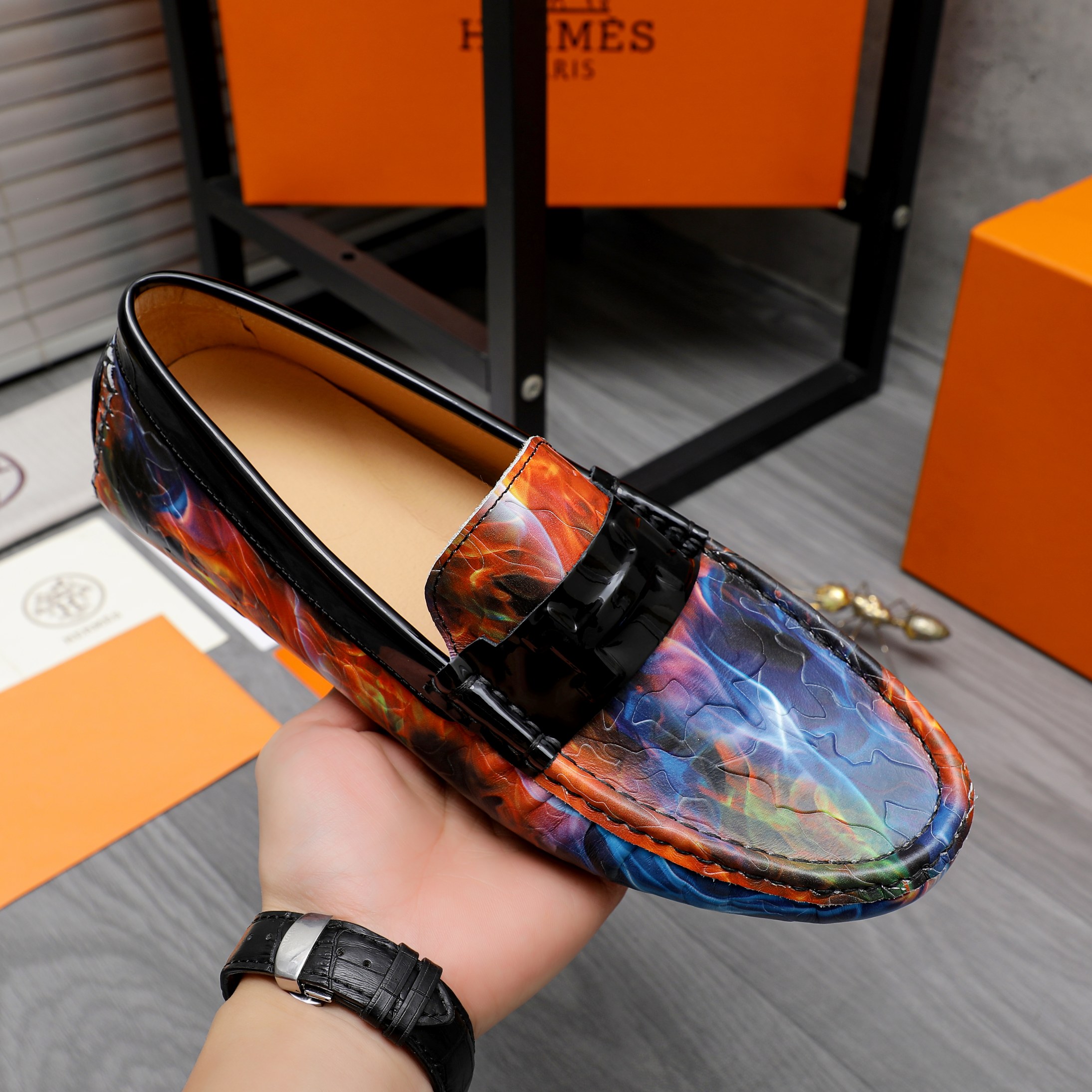 Hermes Men's Multicolor Leather Loafers Slip-Ons Dress Shoes Size 38-44 7 a1741851899411 7043