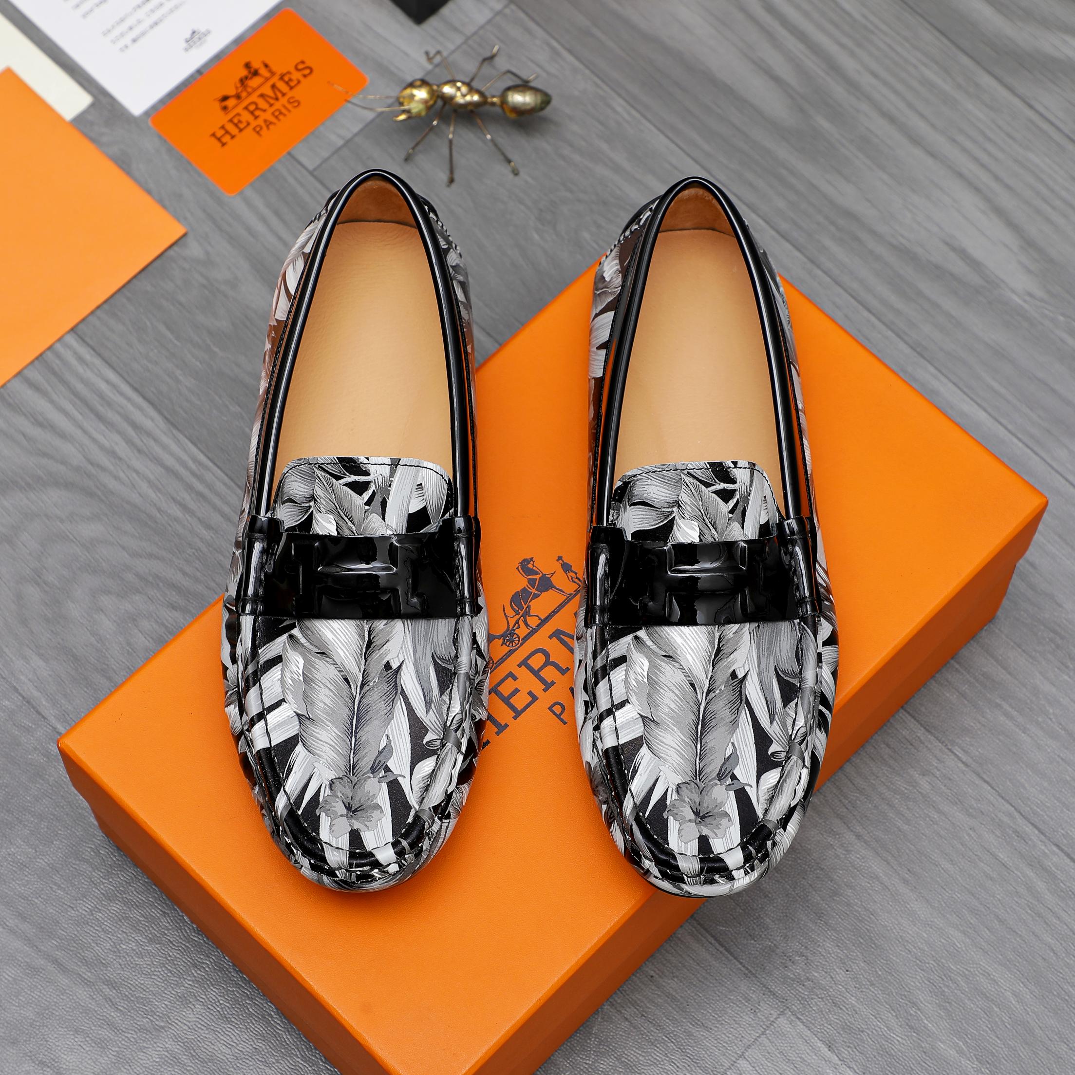 Hermes Men's Casual Loafers in Leaf Print Leather, Sizes 38-44