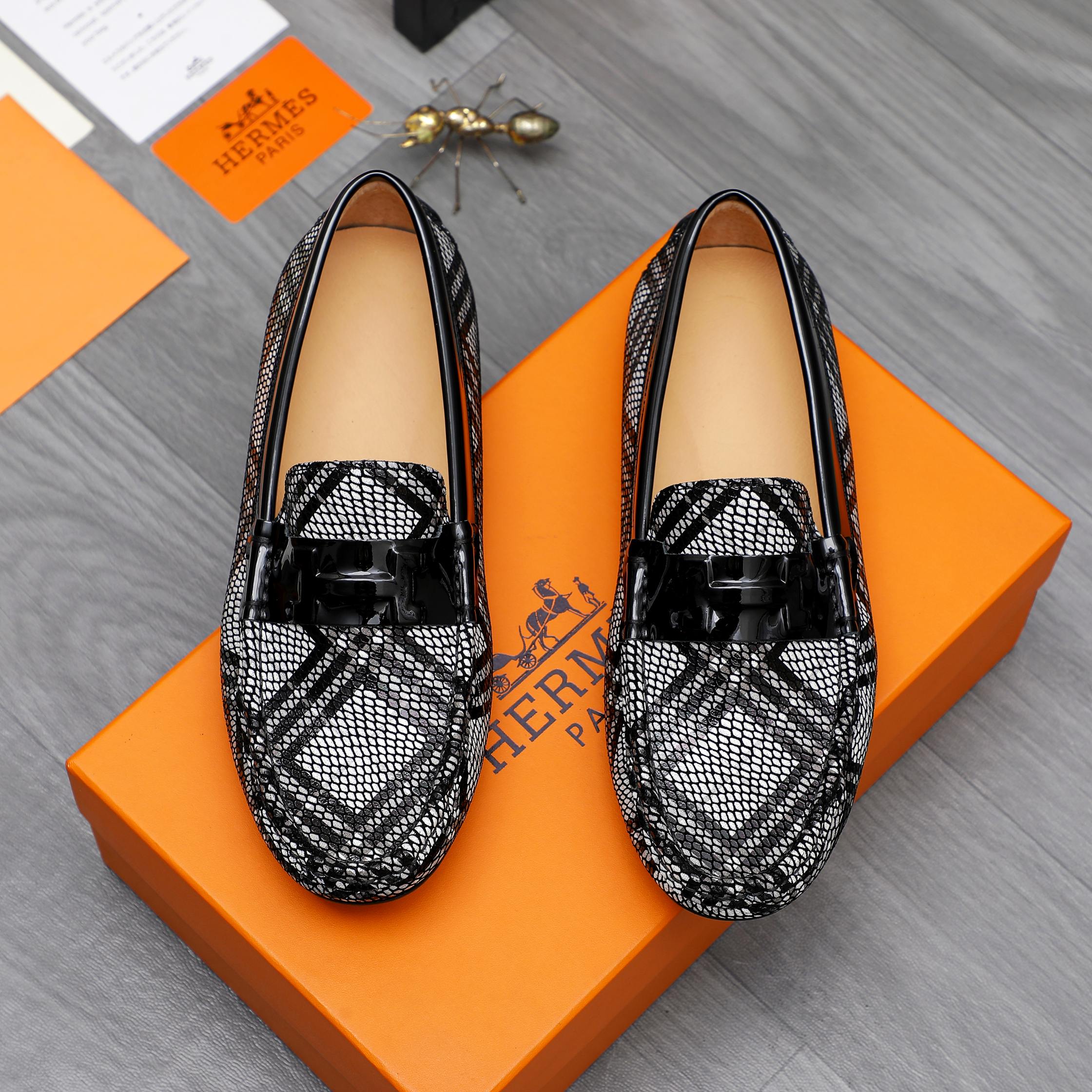 Hermes Men's Black & White Leather Loafers Size 38-44 Slip-Ons