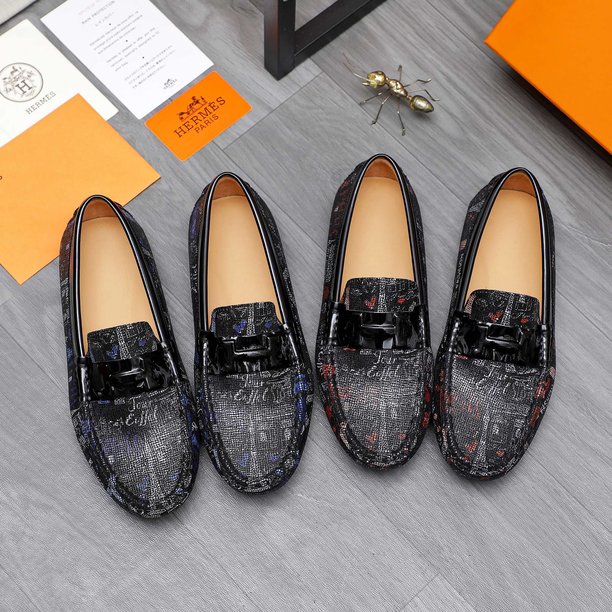 Hermes Men's Leather Loafers Slip-Ons, Size 38-44, Rubber Sole