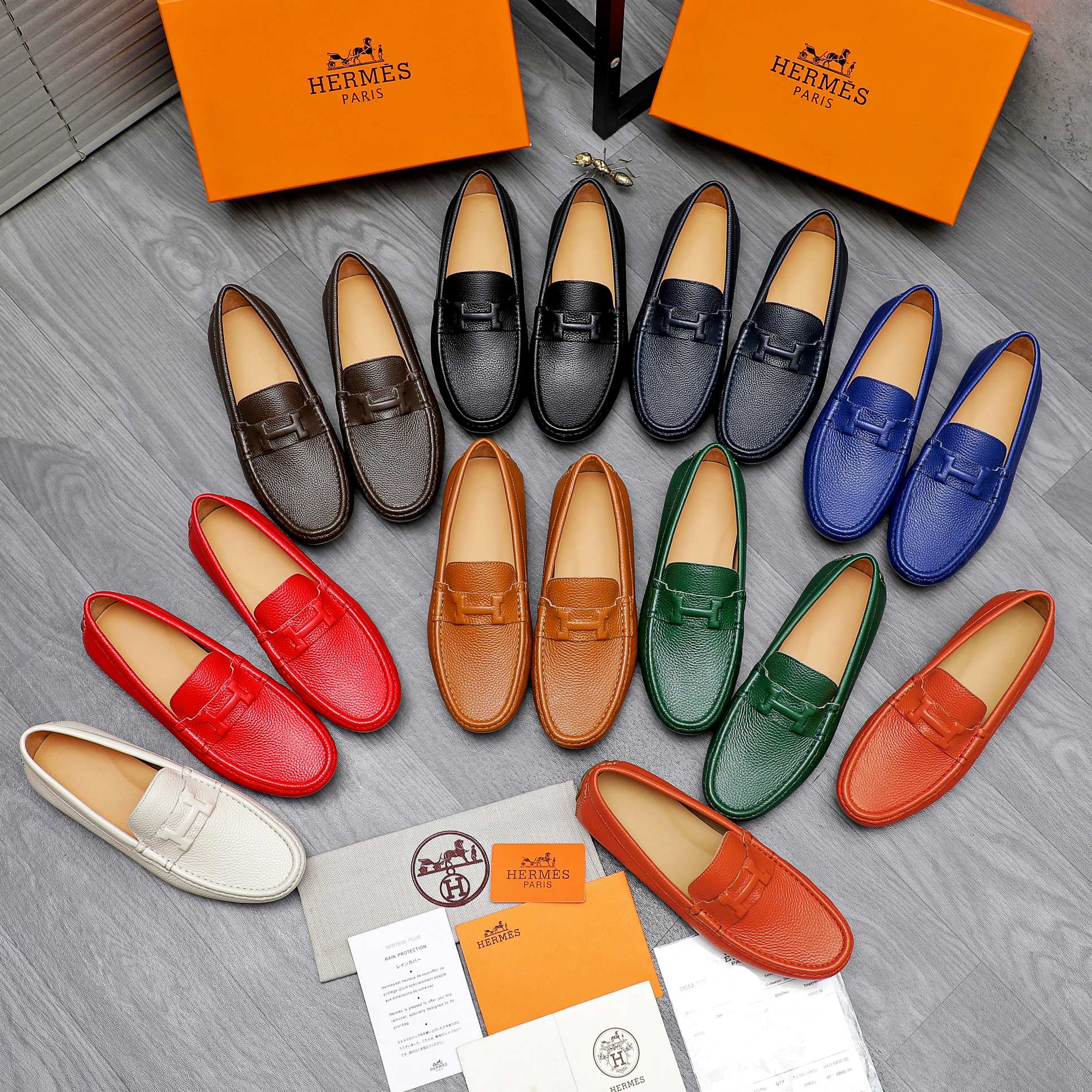 Hermes Men's Leather Loafers Slip-on Casual Shoes Size 38-44