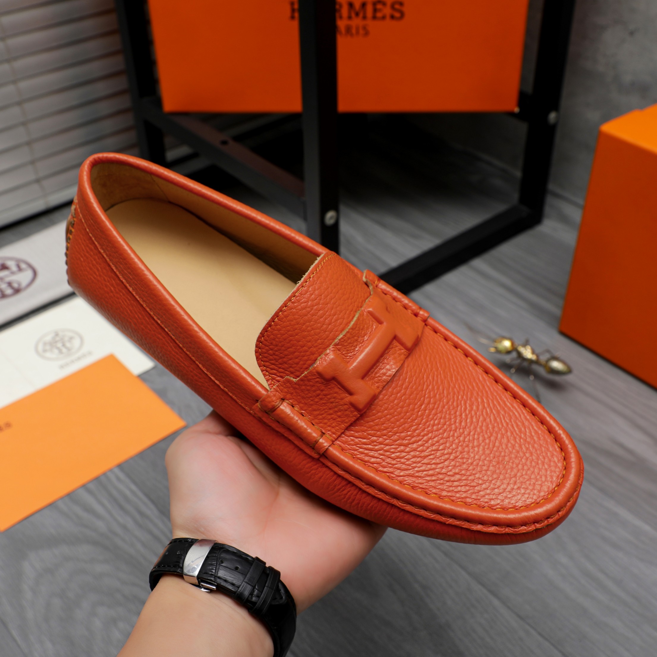 Hermes Men's Leather Loafers Slip-ons Casual Dress Shoes 8 a1741853074650 0234