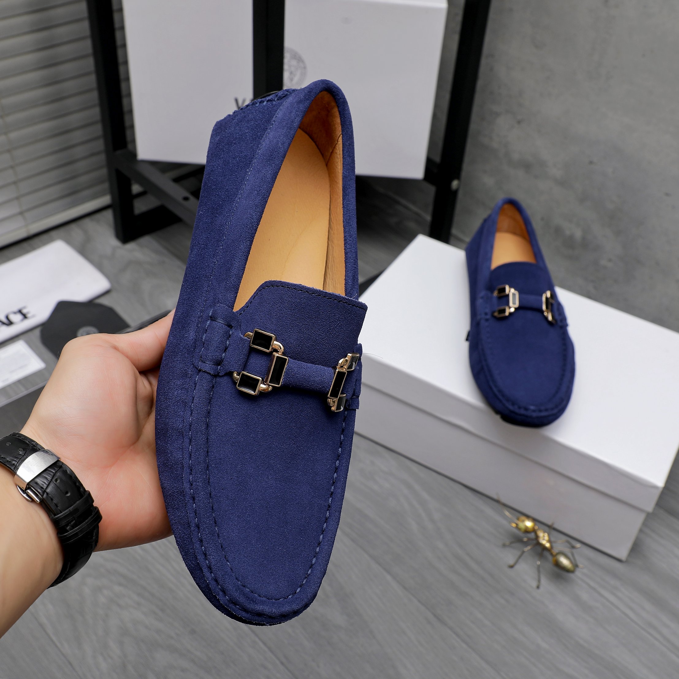 Versace Men's Suede Leather Slip-On Loafers, Casual Style Dress Shoes 6 a1742452420332 7125