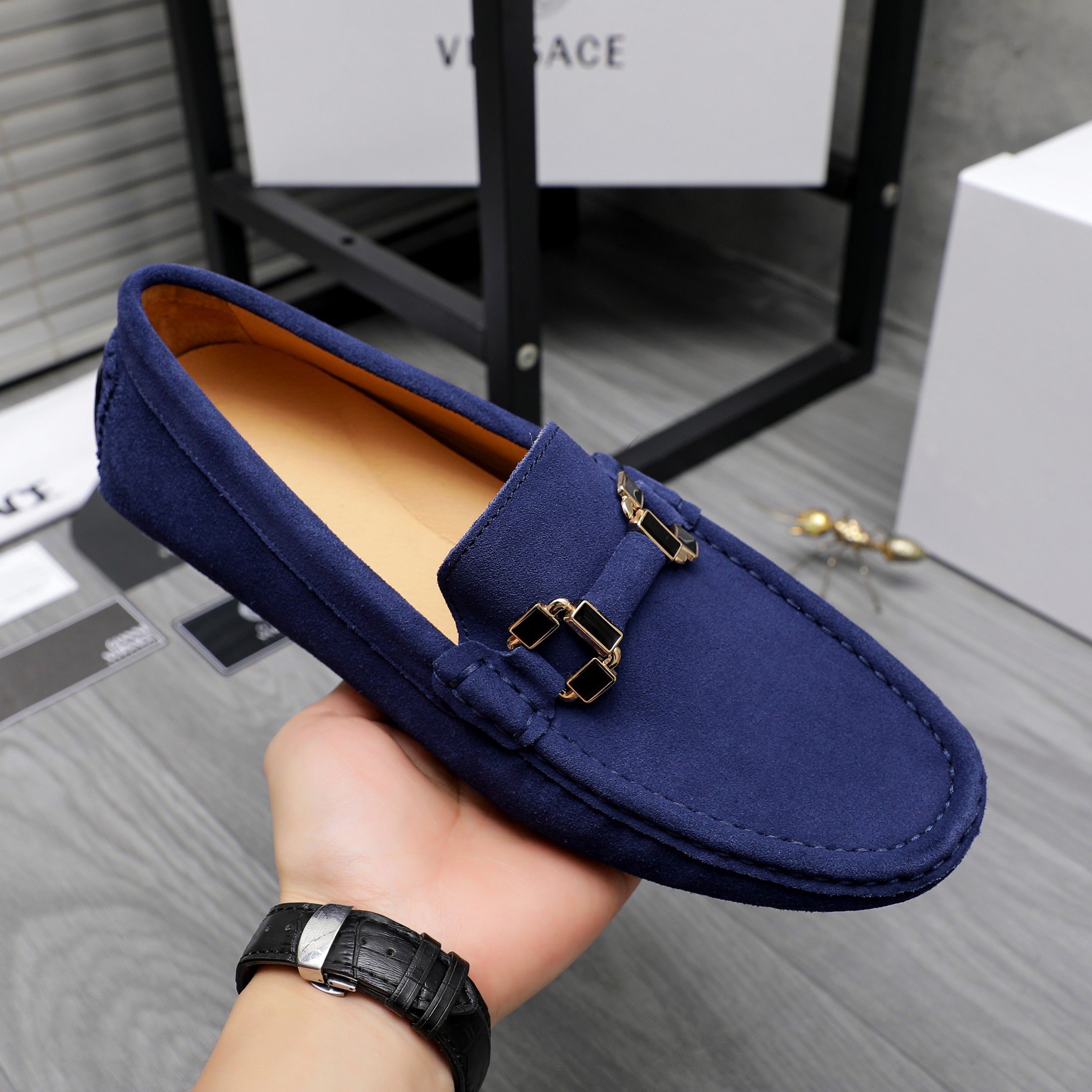 Versace Men's Suede Leather Slip-On Loafers, Casual Style Dress Shoes 8 a1742452422319 5812