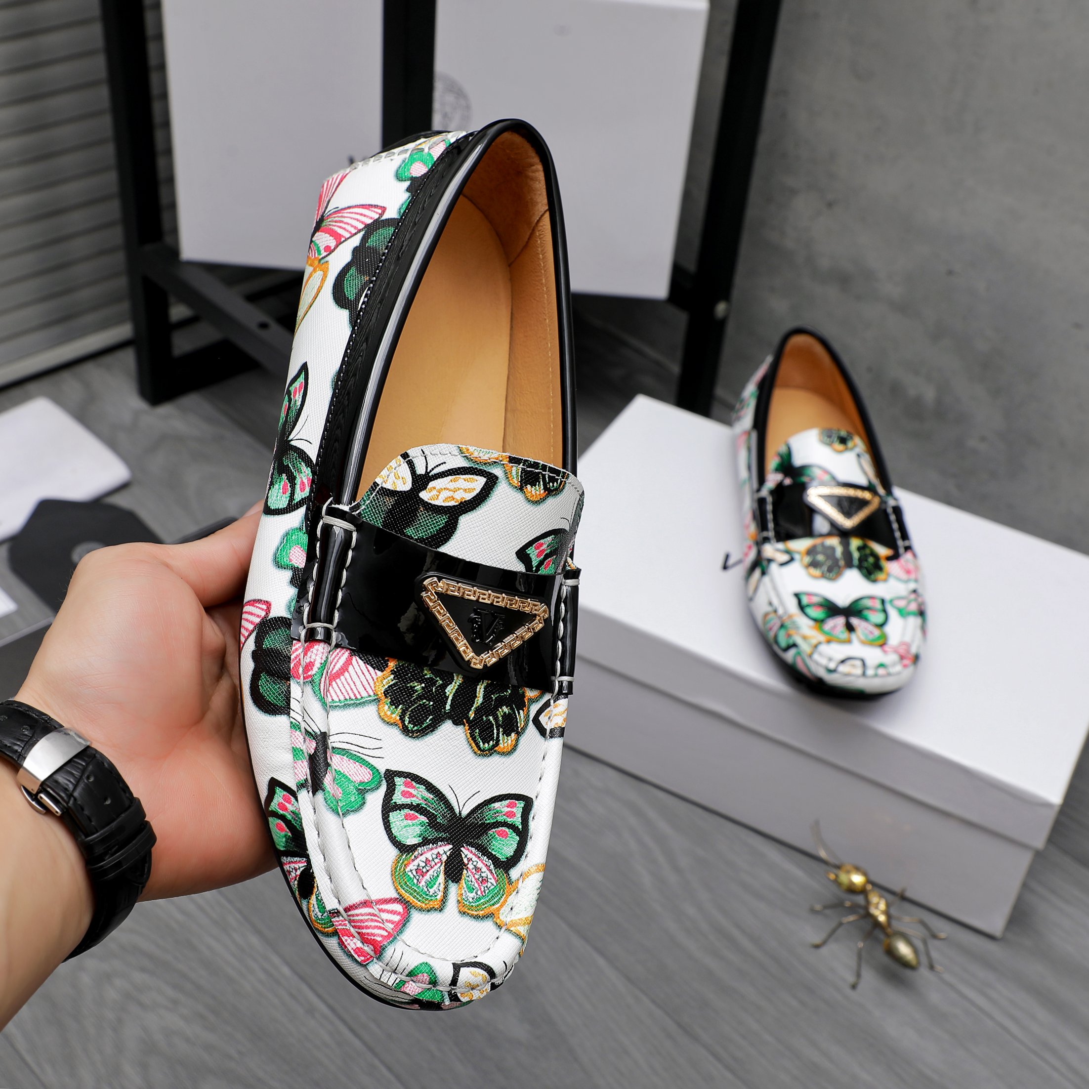 Versace Men's Butterfly Print Leather Loafers, Slip-On Style, Sizes 38-44 5 a1742455072270 3864