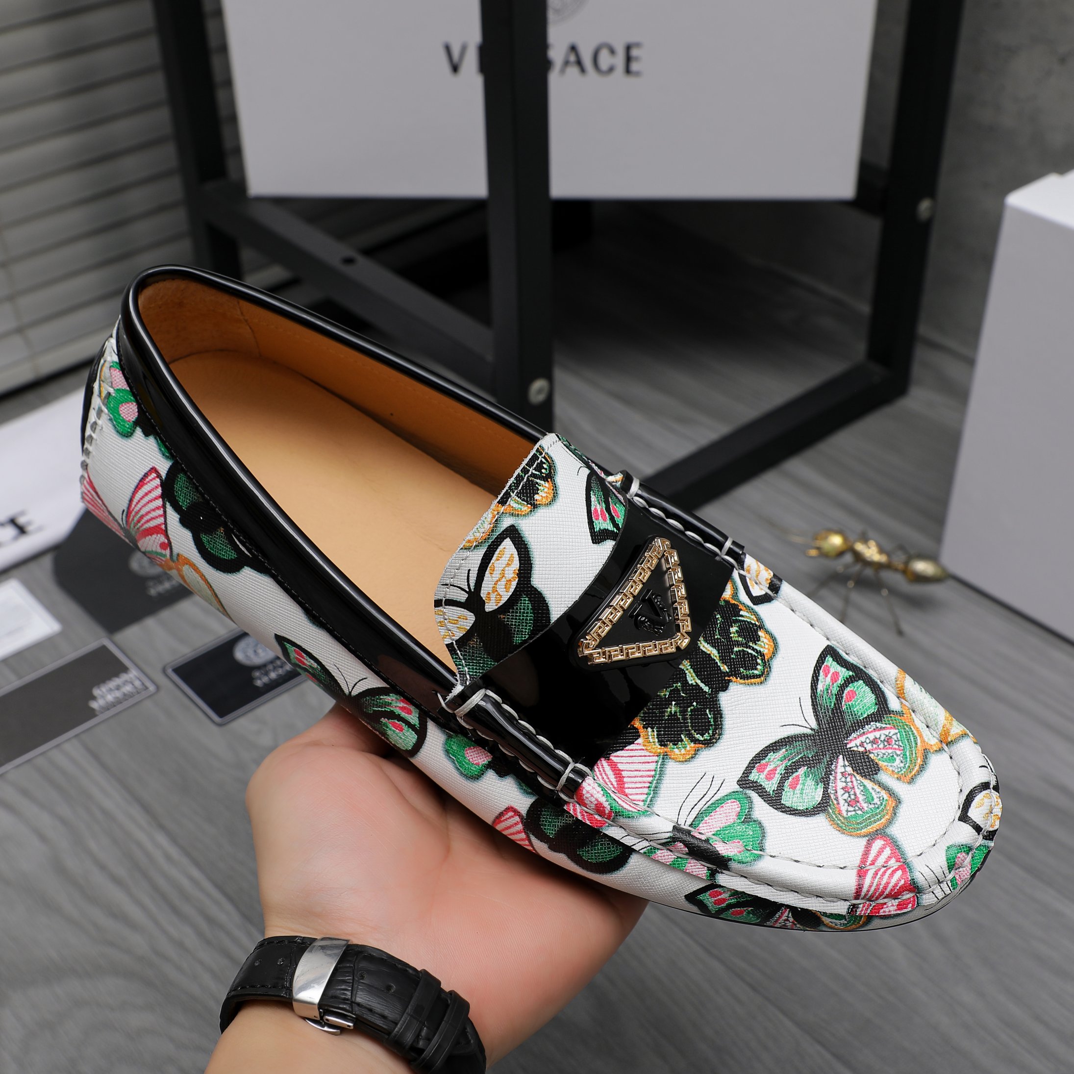 Versace Men's Butterfly Print Leather Loafers, Slip-On Style, Sizes 38-44 7 a1742455072476 8312