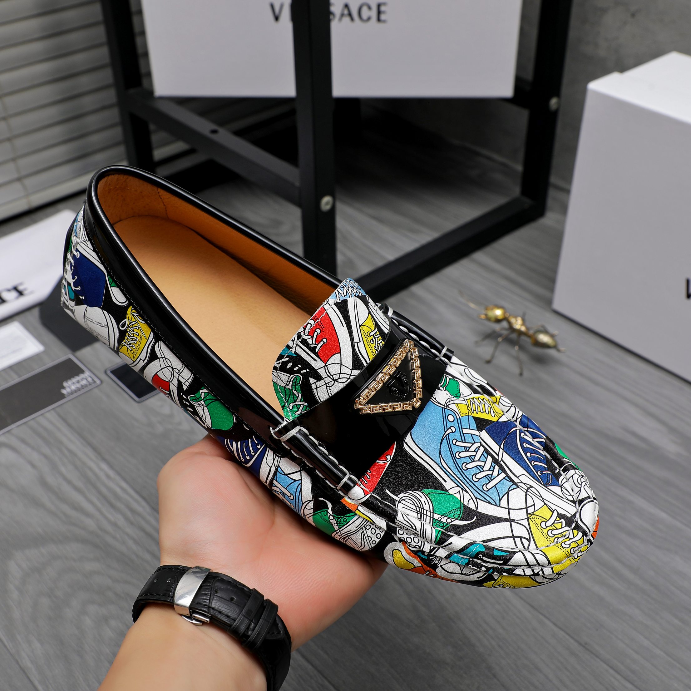 Versace Men's Printed Leather Slip-On Loafers 7 a1742455890360 5232