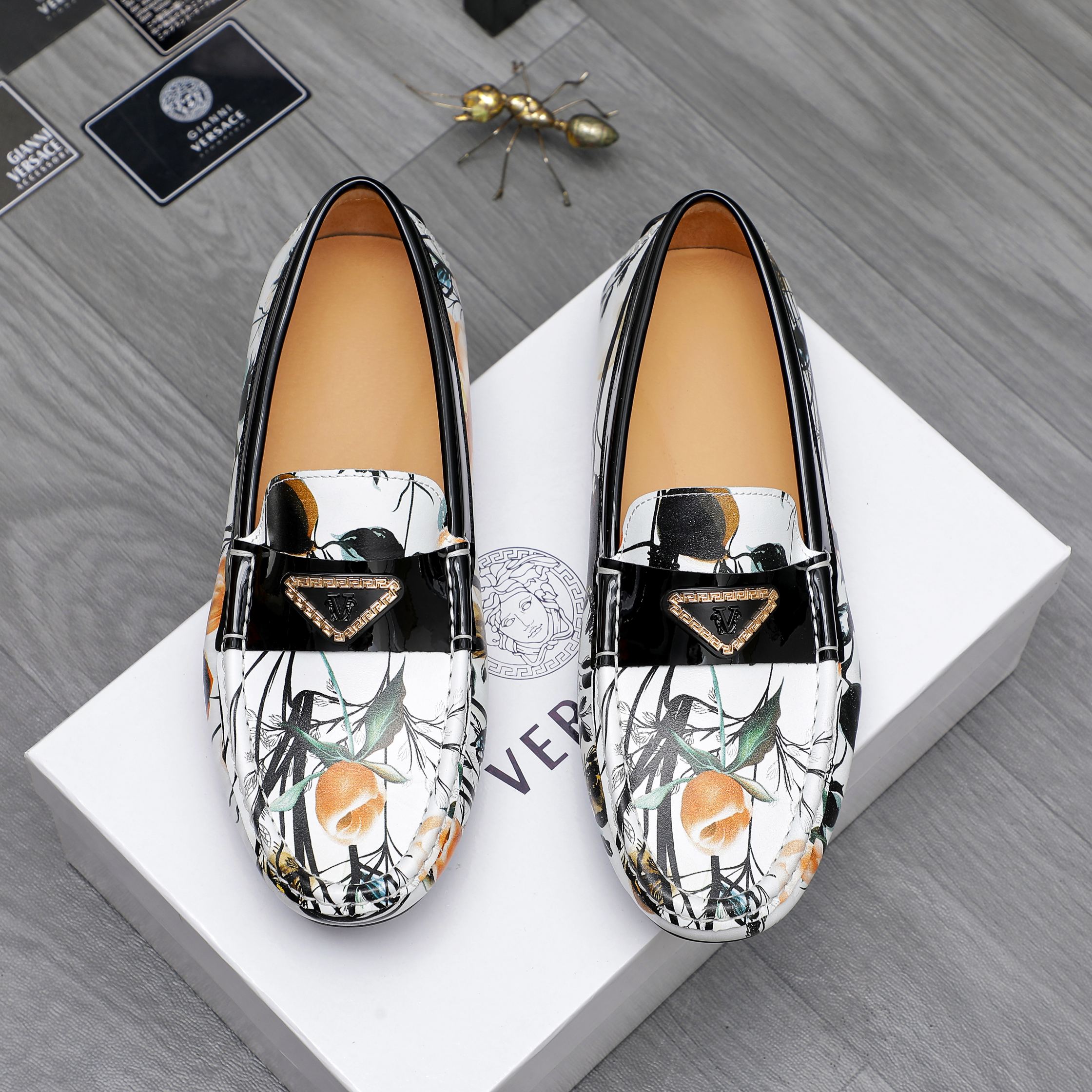 Versace Men's Floral Print Leather Loafers Slip-ons Shoes Size 38-44