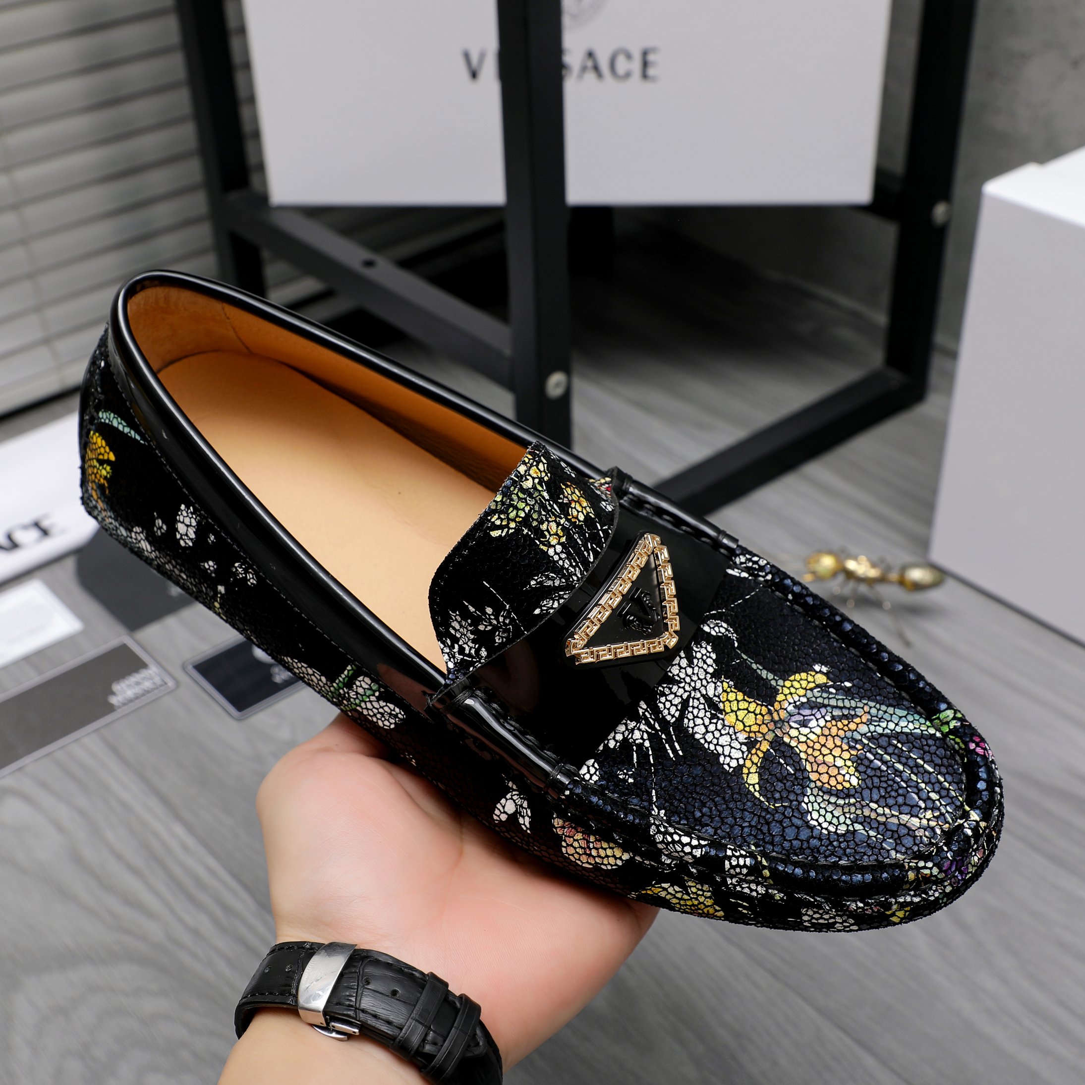 Versace Men's Floral Print Leather Loafers Slip-Ons Dress Shoes, Size 38-44 7 a1742456182219 3582