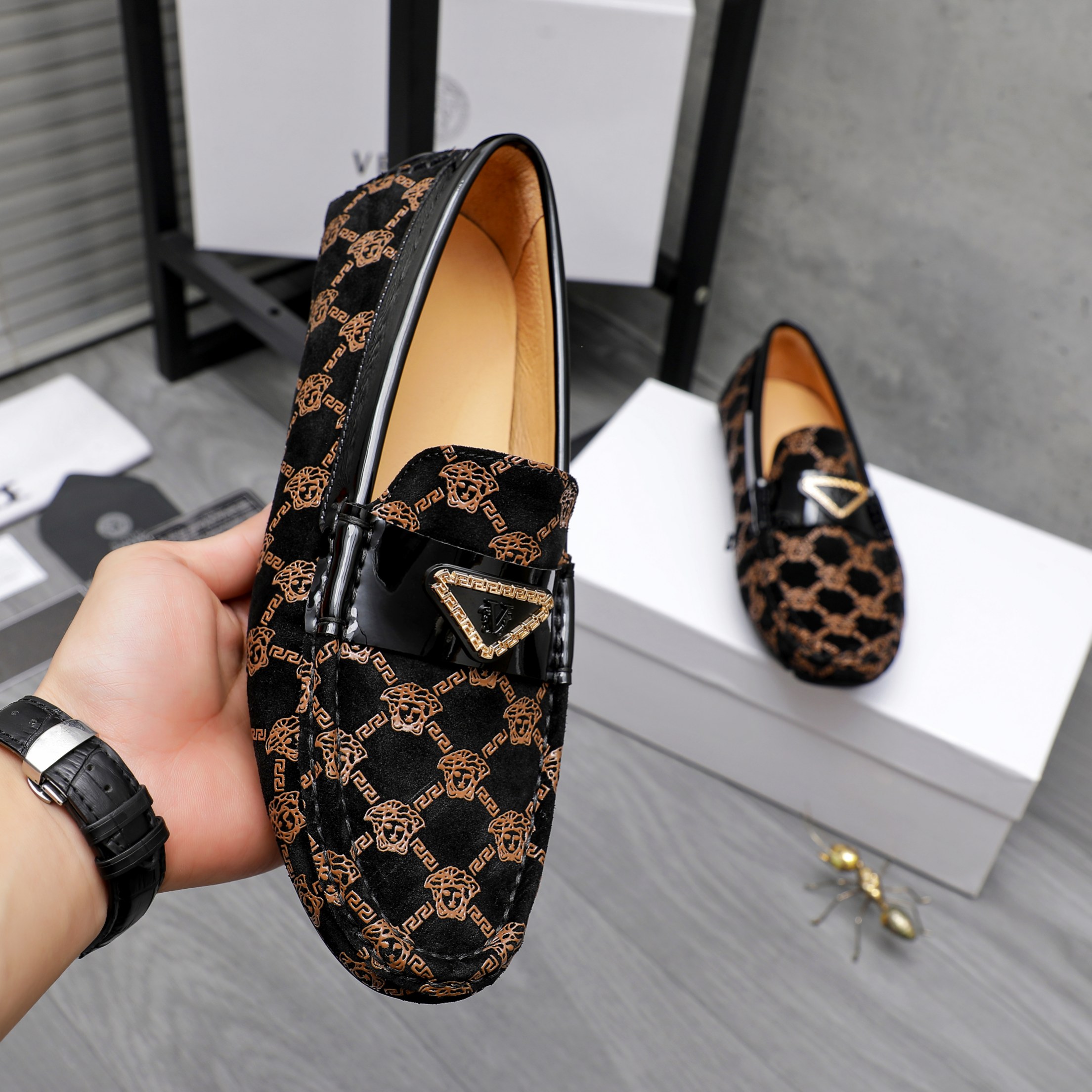 Versace Men's Embossed Suede Loafers - Slip-On Style, Leather Lined 5 a1742456466181 3556