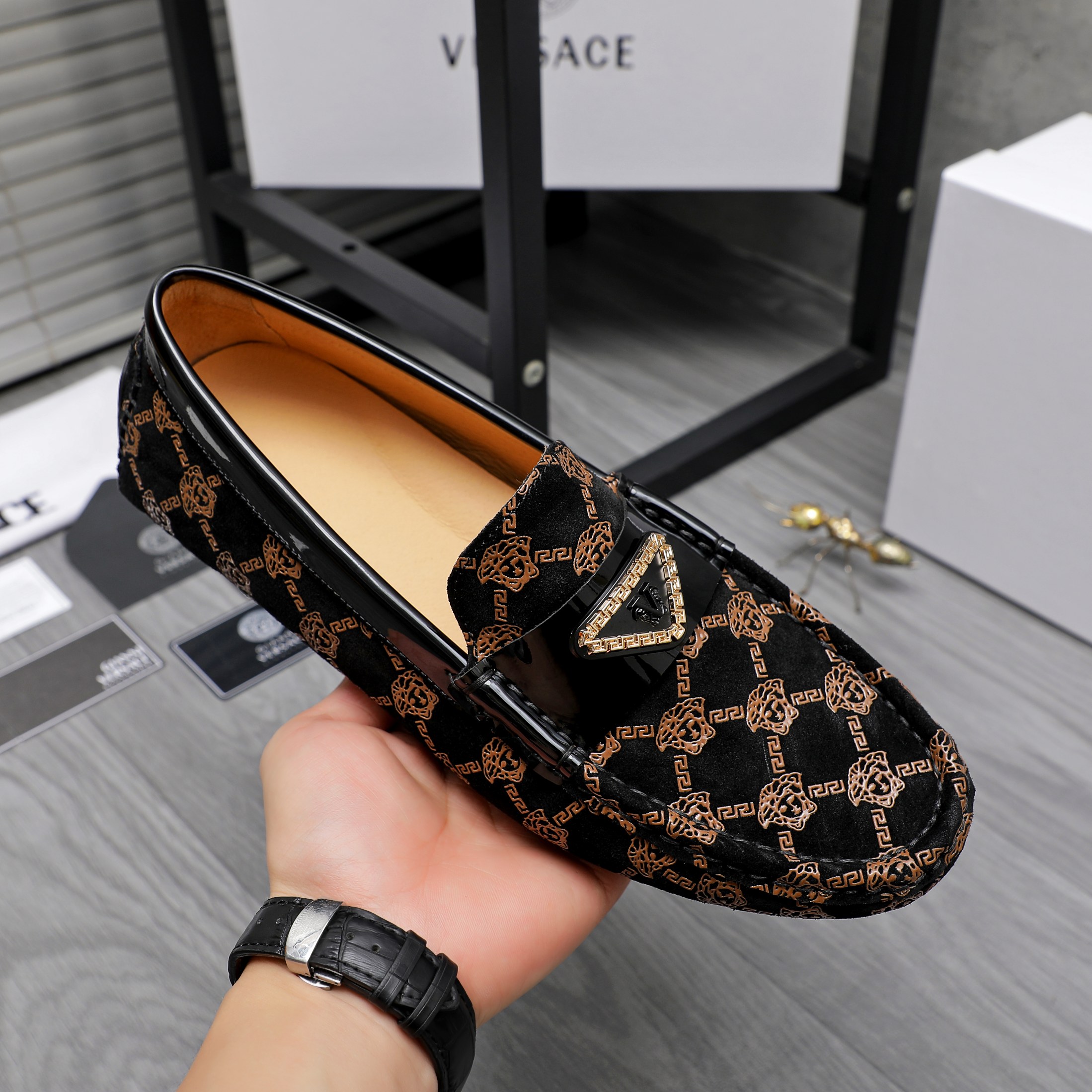 Versace Men's Embossed Suede Loafers - Slip-On Style, Leather Lined 7 a1742456468328 4050