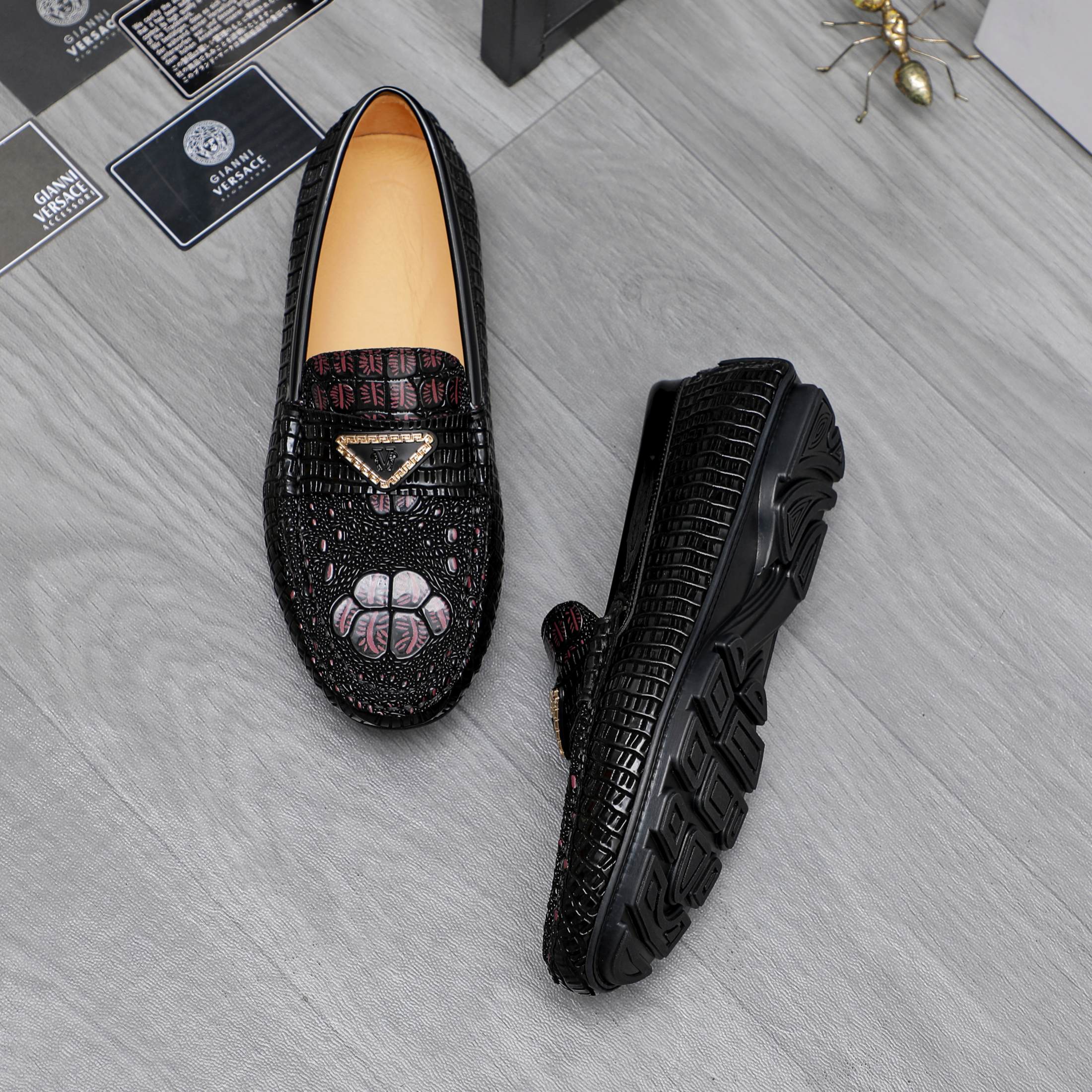 Versace Men's Embossed Leather Slip-On Loafers, Sizes 38-44 5 a1742456884356 0766