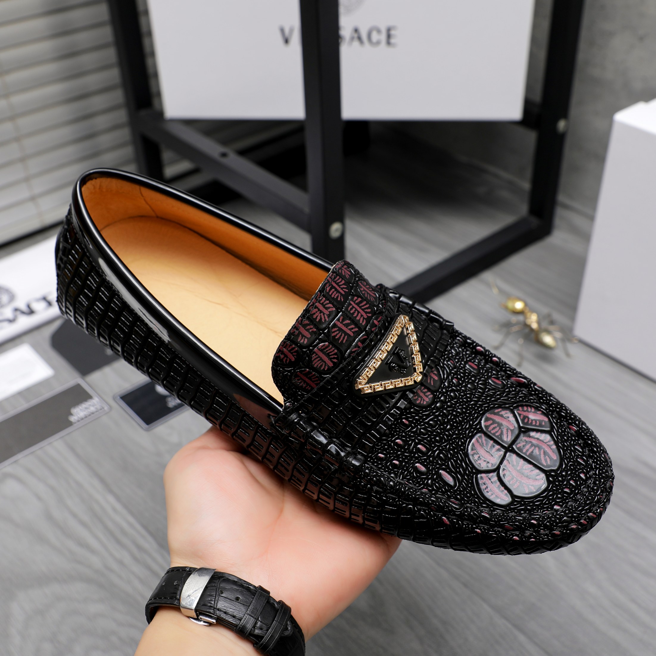 Versace Men's Embossed Leather Slip-On Loafers, Sizes 38-44 8 a1742456885584 5776