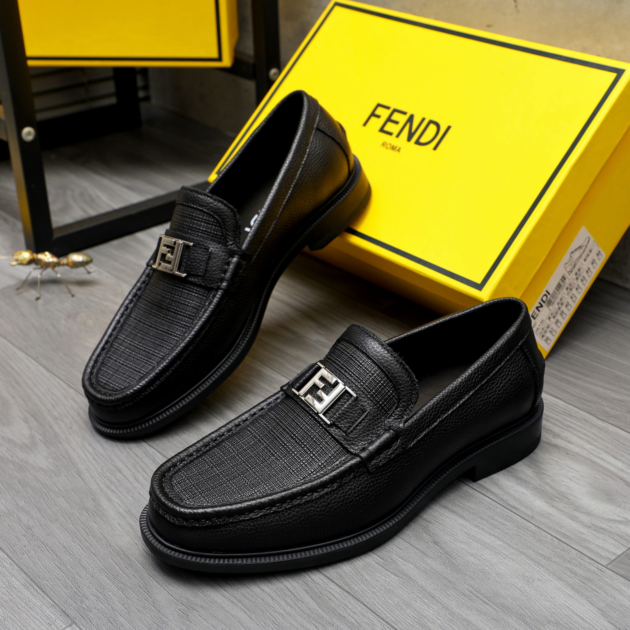 Fendi Men's Black Embossed Leather Slip-On Loafers with Metal Logo Buckle 3 a1744028537123 0084