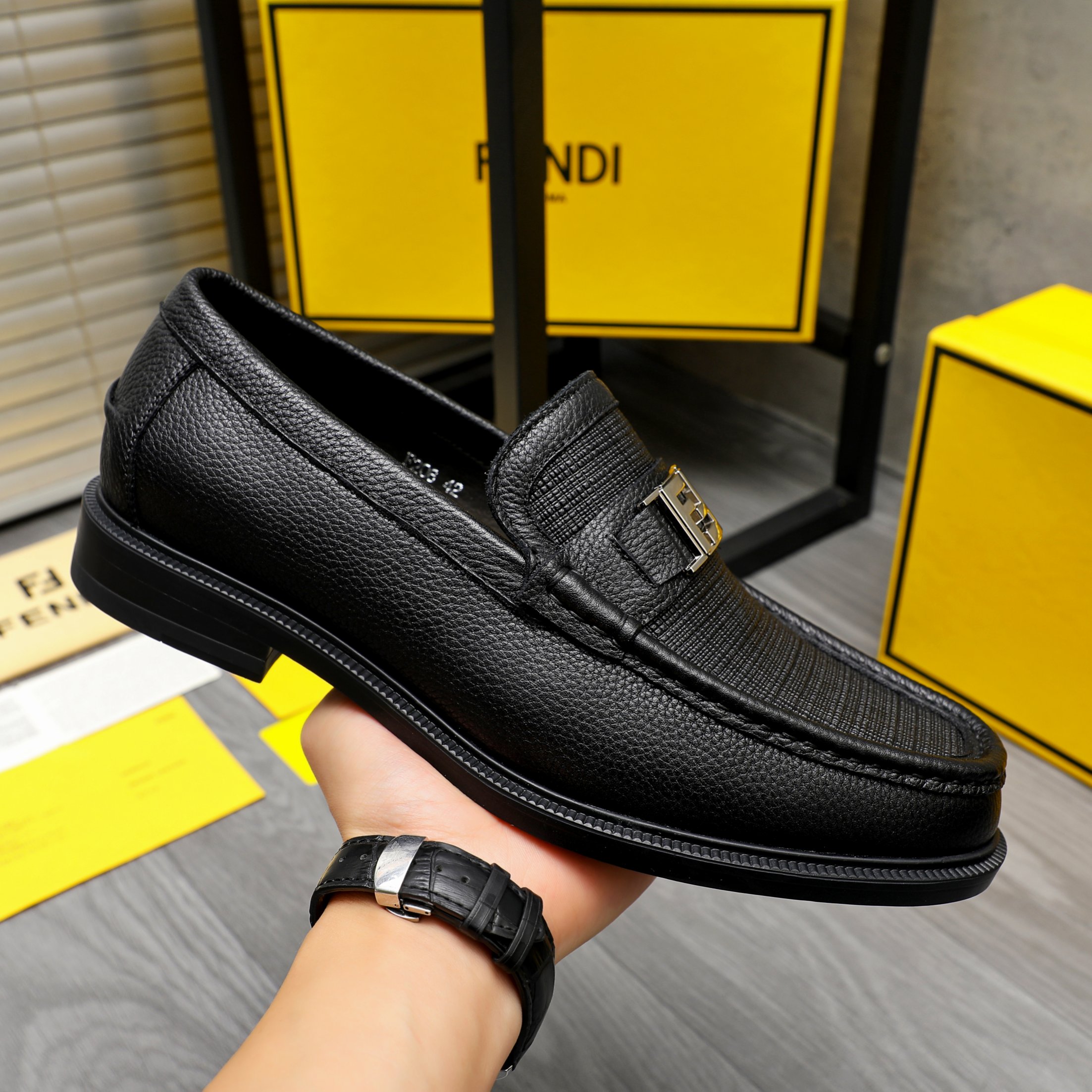 Fendi Men's Black Embossed Leather Slip-On Loafers with Metal Logo Buckle 7 a1744028538716 0658