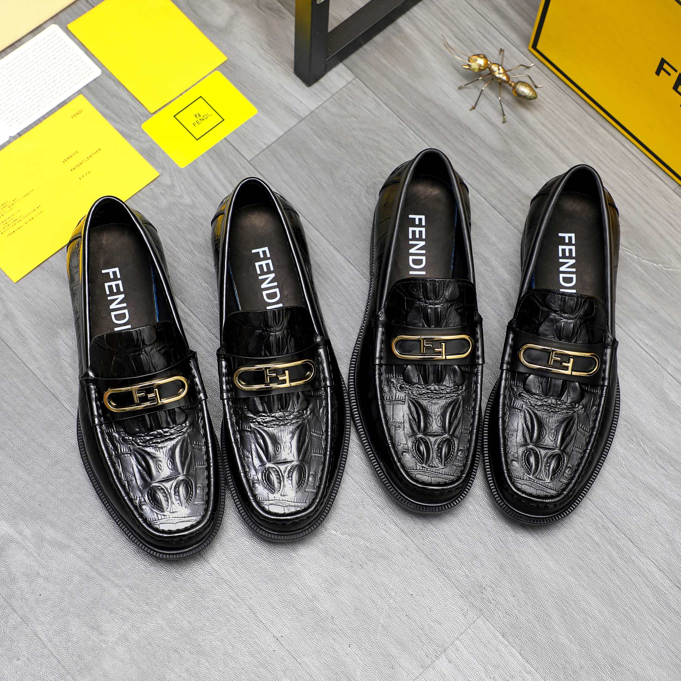 Fendi Men's Black Embossed Leather Slip-On Loafers, Size 38-44 2 a1744029927794 0645