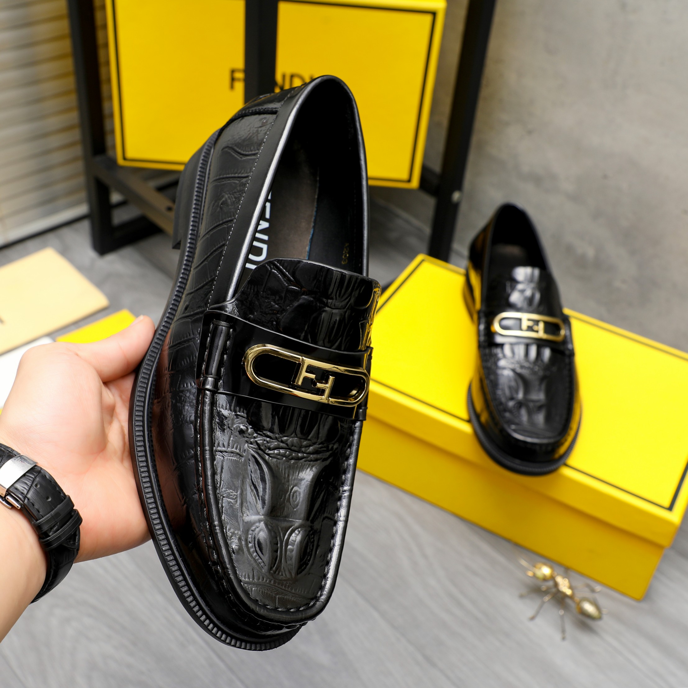 Fendi Men's Black Embossed Leather Slip-On Loafers, Size 38-44 6 a1744029929276 8187