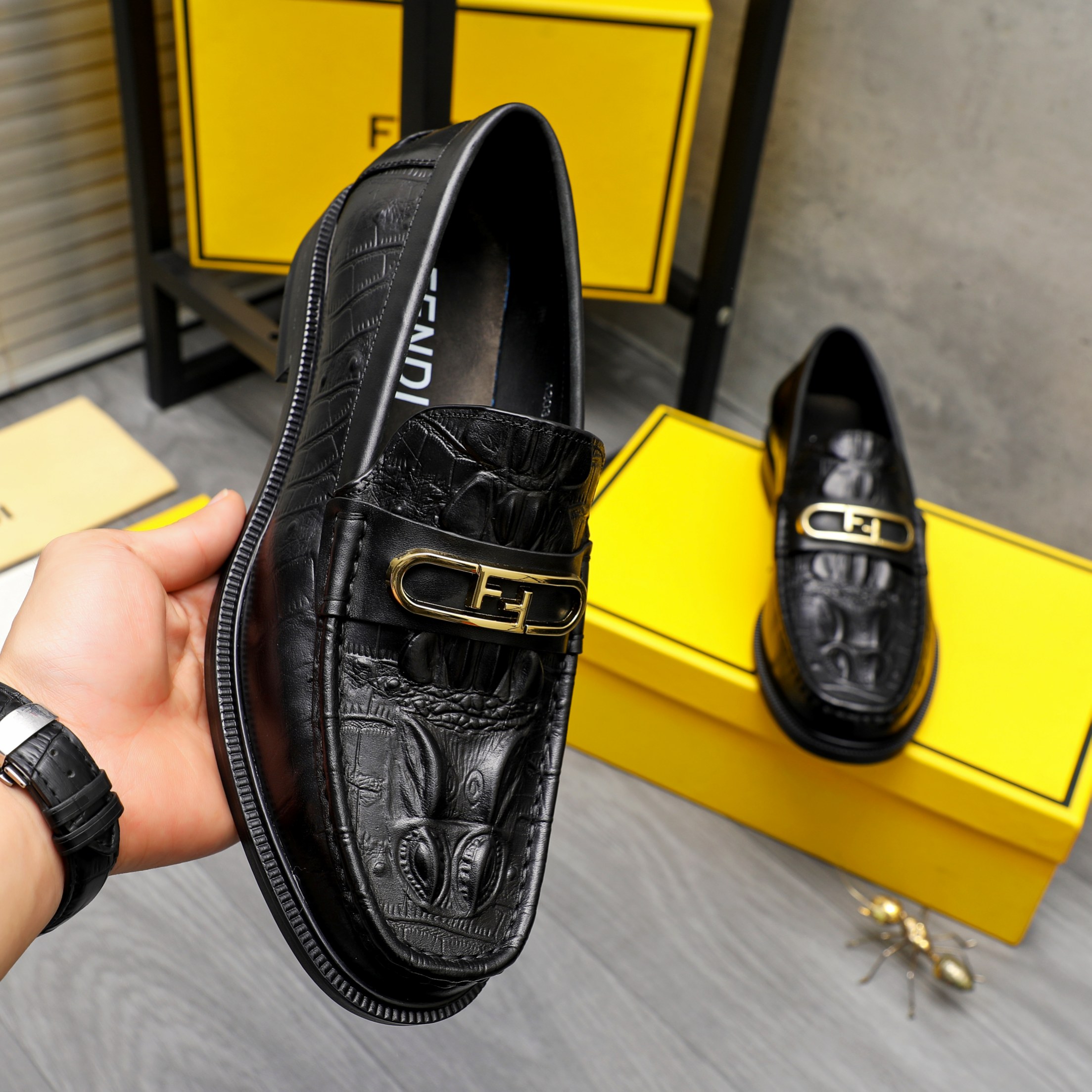 Fendi Men's Black Embossed Leather Slip-On Loafers, Size 38-44 6 a1744030108827 1070