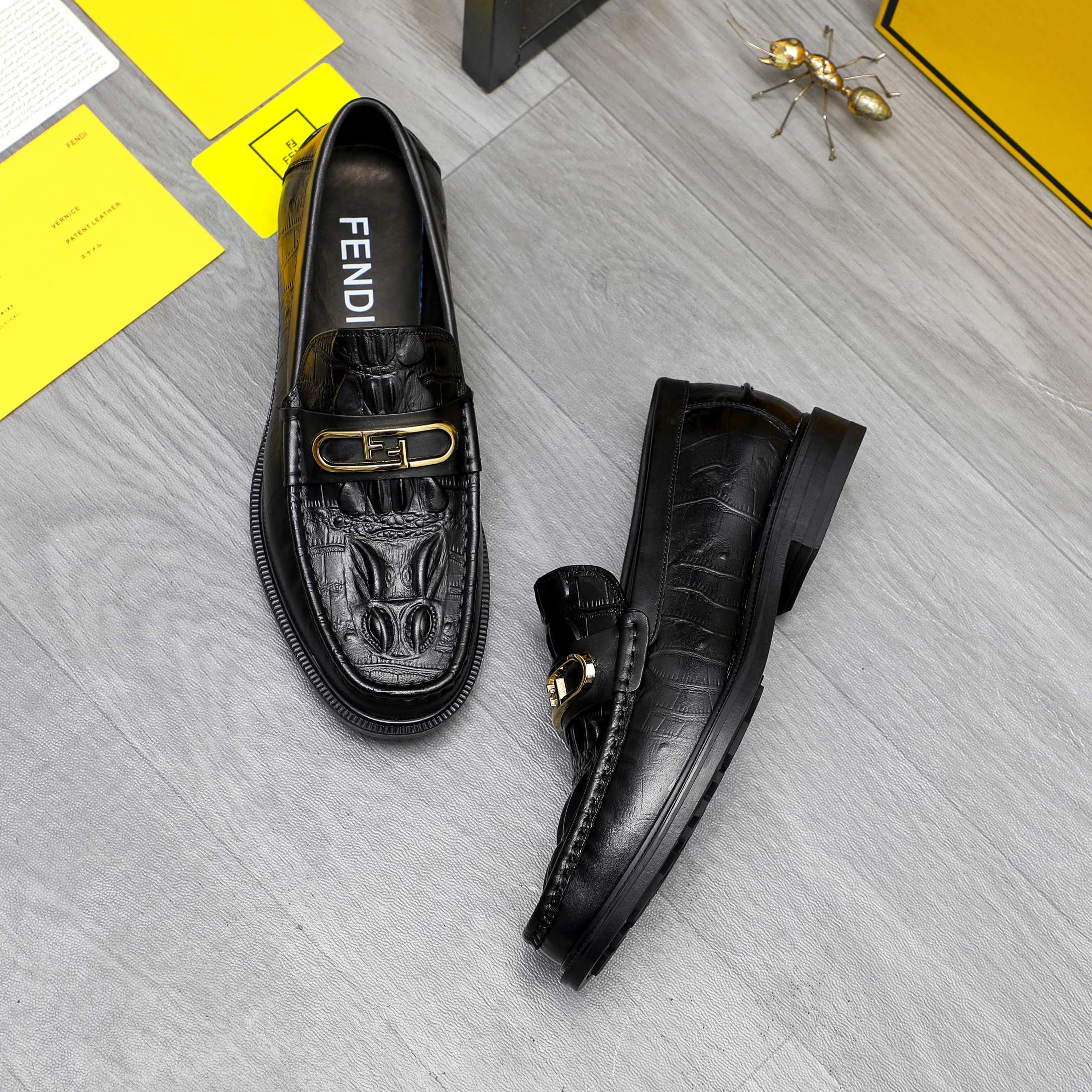Fendi Men's Black Embossed Leather Slip-On Loafers, Size 38-44 5 a1744030109511 8533
