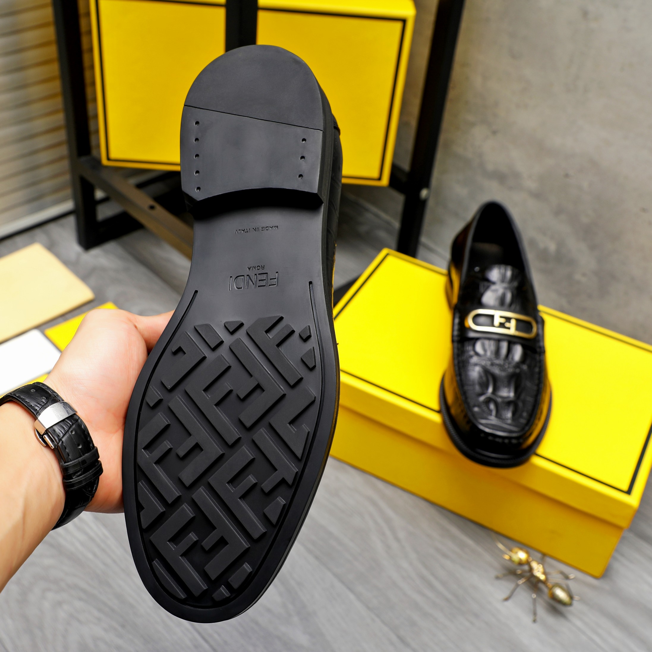 Fendi Men's Black Embossed Leather Slip-On Loafers, Size 38-44 9 a1744030110704 5251