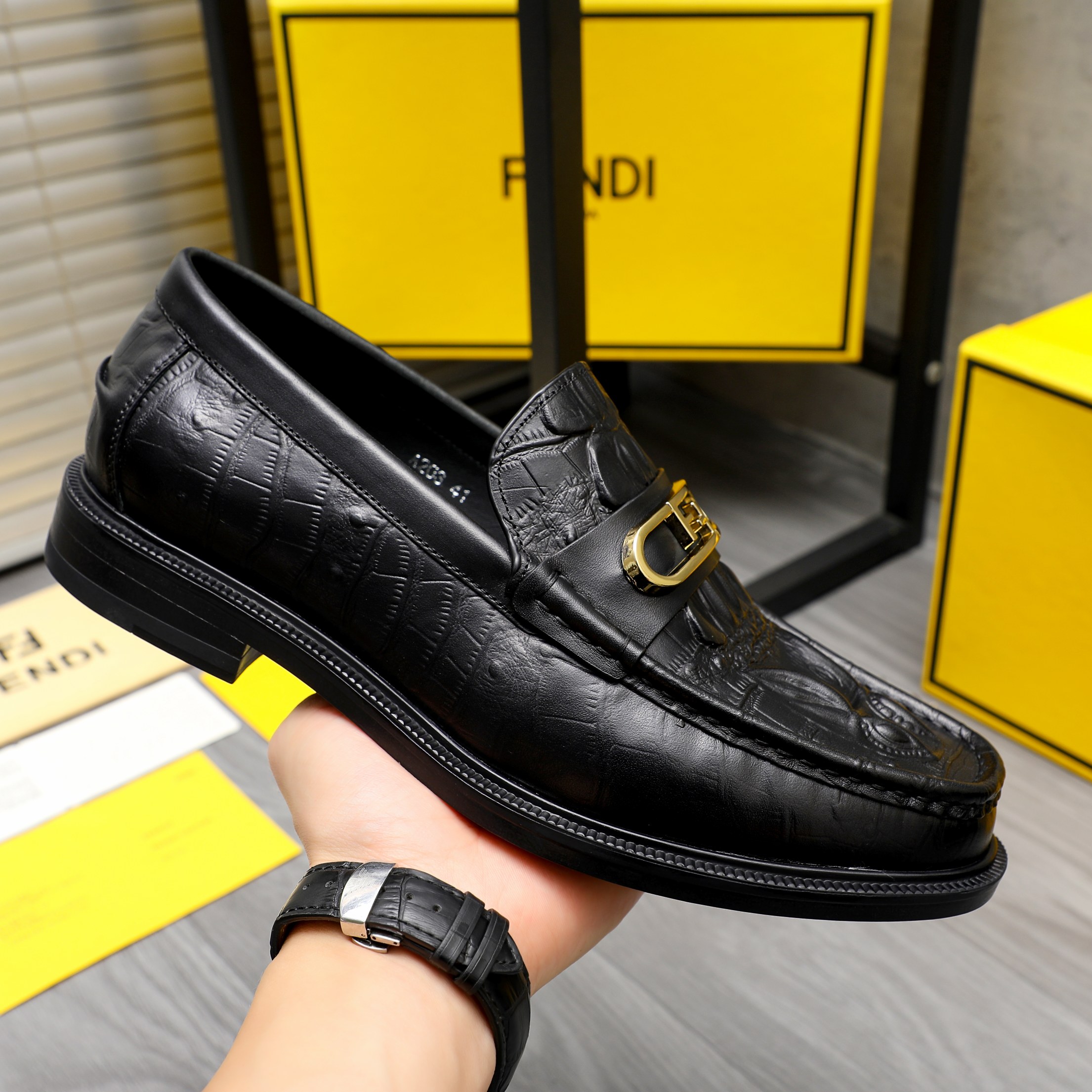 Fendi Men's Black Embossed Leather Slip-On Loafers, Size 38-44 8 a1744030110735 1476