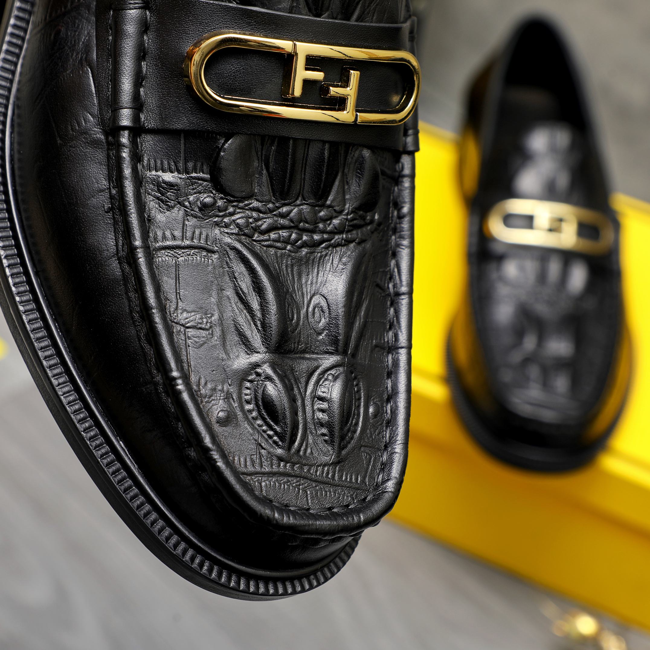 Fendi Men's Black Embossed Leather Slip-On Loafers, Size 38-44 10 a1744030111176 8748