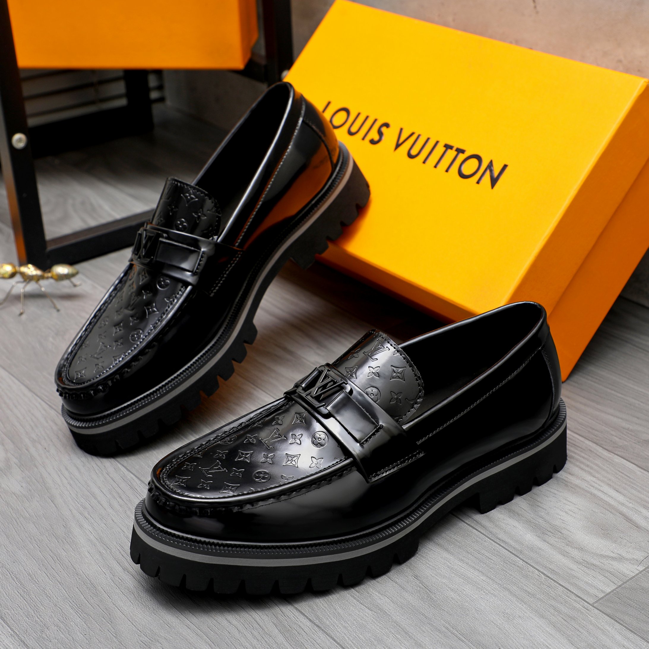 Louis Vuitton Black Leather Monogram Embossed Slip-On Loafers Shoes 3 a1744098642917 6460