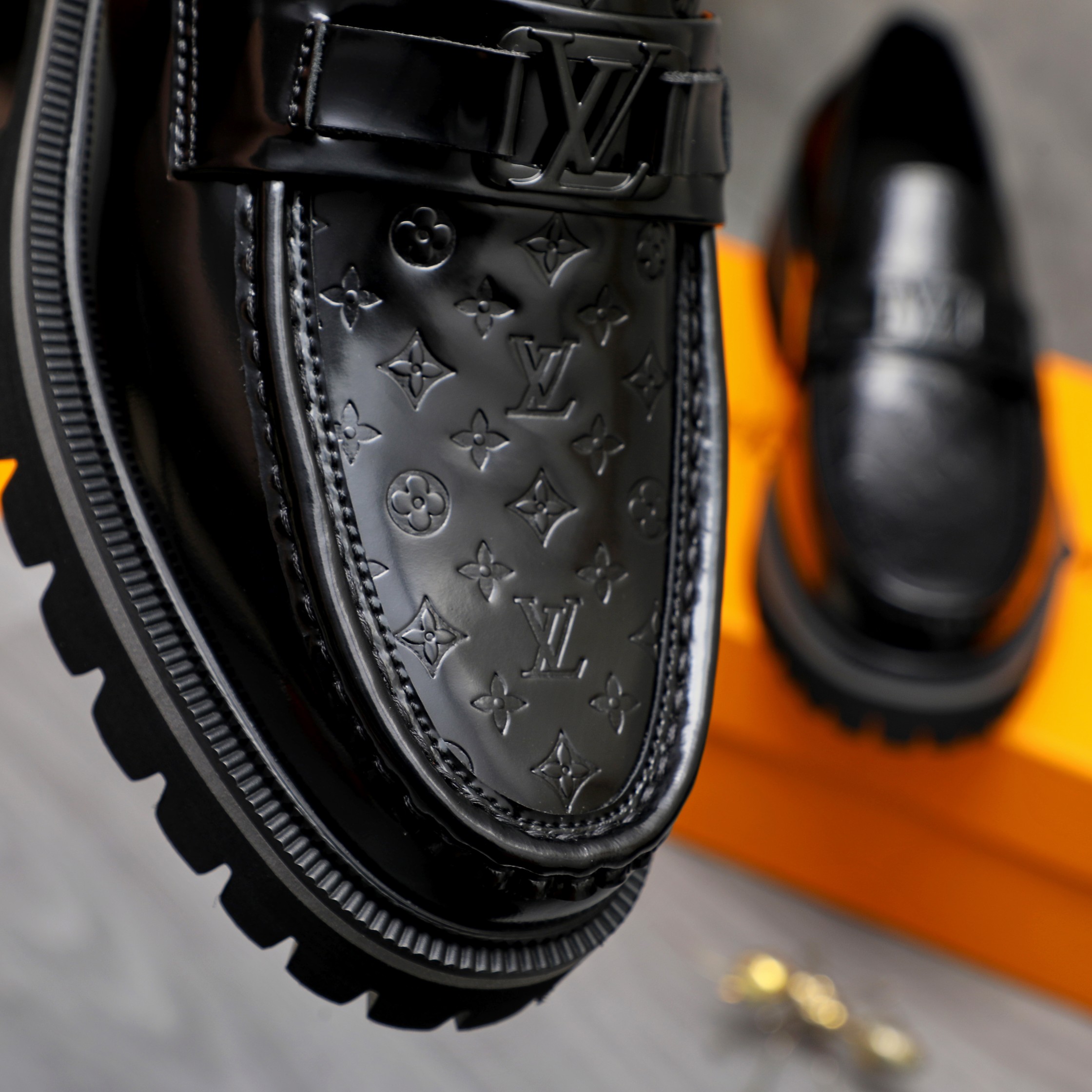 Louis Vuitton Black Leather Monogram Embossed Slip-On Loafers Shoes 9 a1744098644390 4116