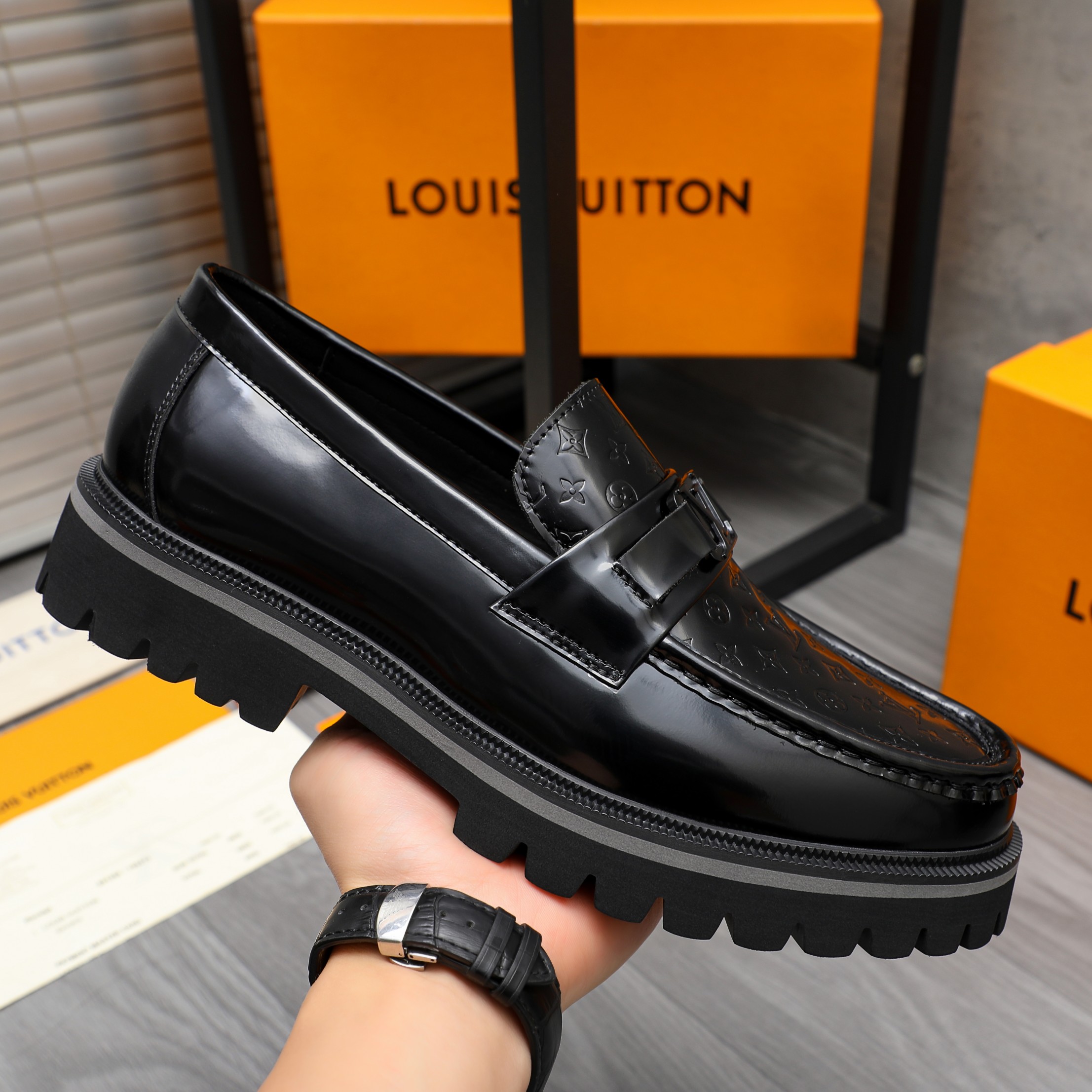 Louis Vuitton Black Leather Monogram Embossed Slip-On Loafers Shoes 7 a1744098644406 7161